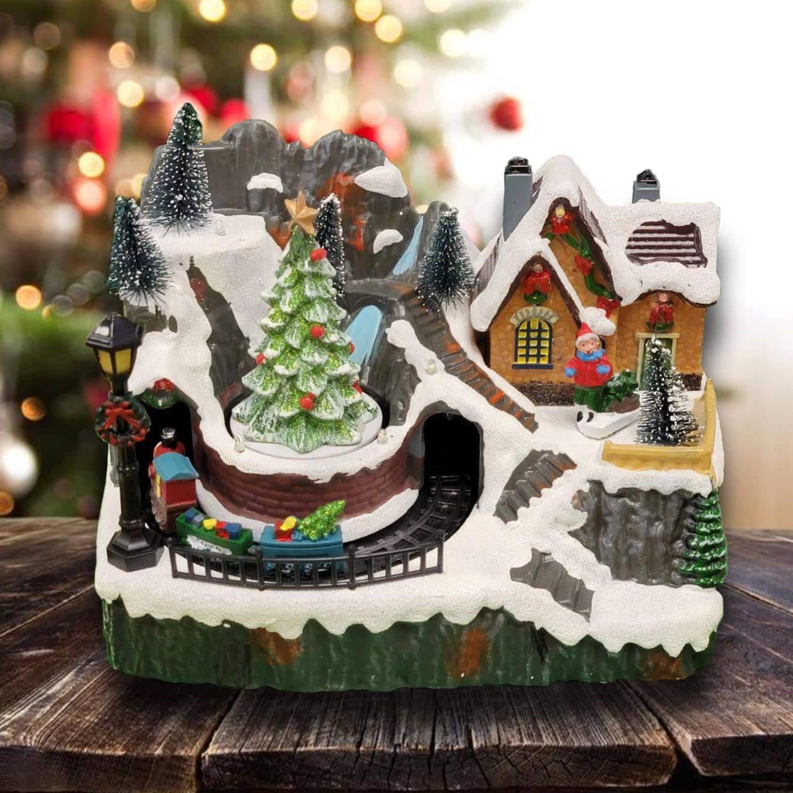 Wizardi 12" Christmas Village Snow Mountain with Hut & Animated Train