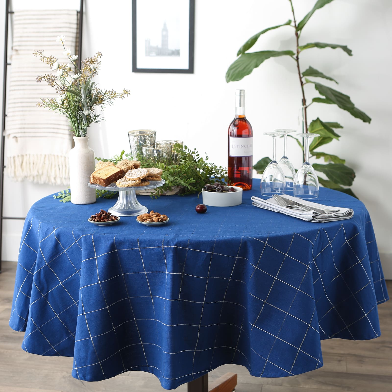 Blue Metallic Windowpane Tablecloth 70" Round