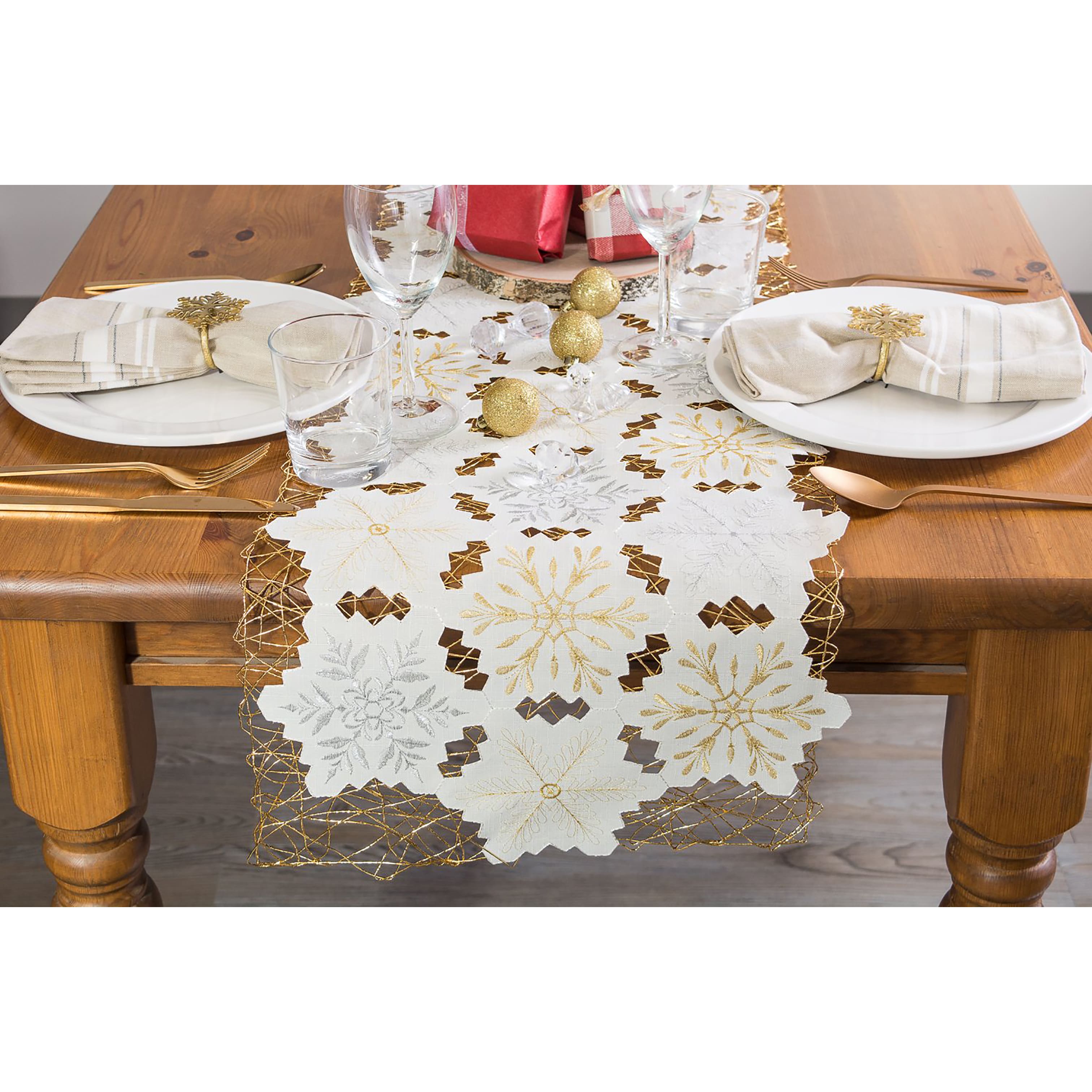 DII® 54" White and Gold Embroidered Snowflakes Table Runner