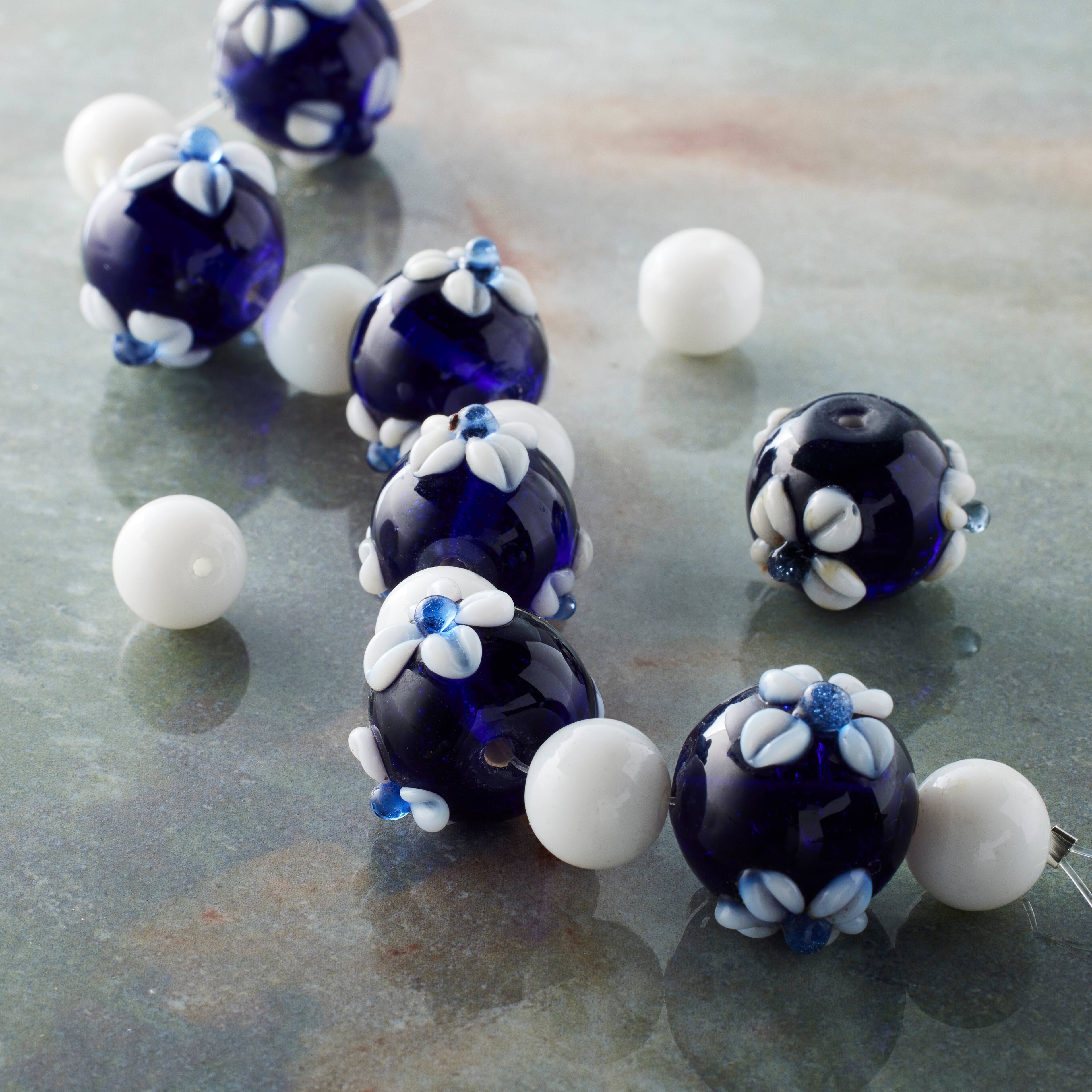 12 Packs: 7 ct. (84 total) Blue & White Lamp Work Glass Round Beads by Bead Landing®