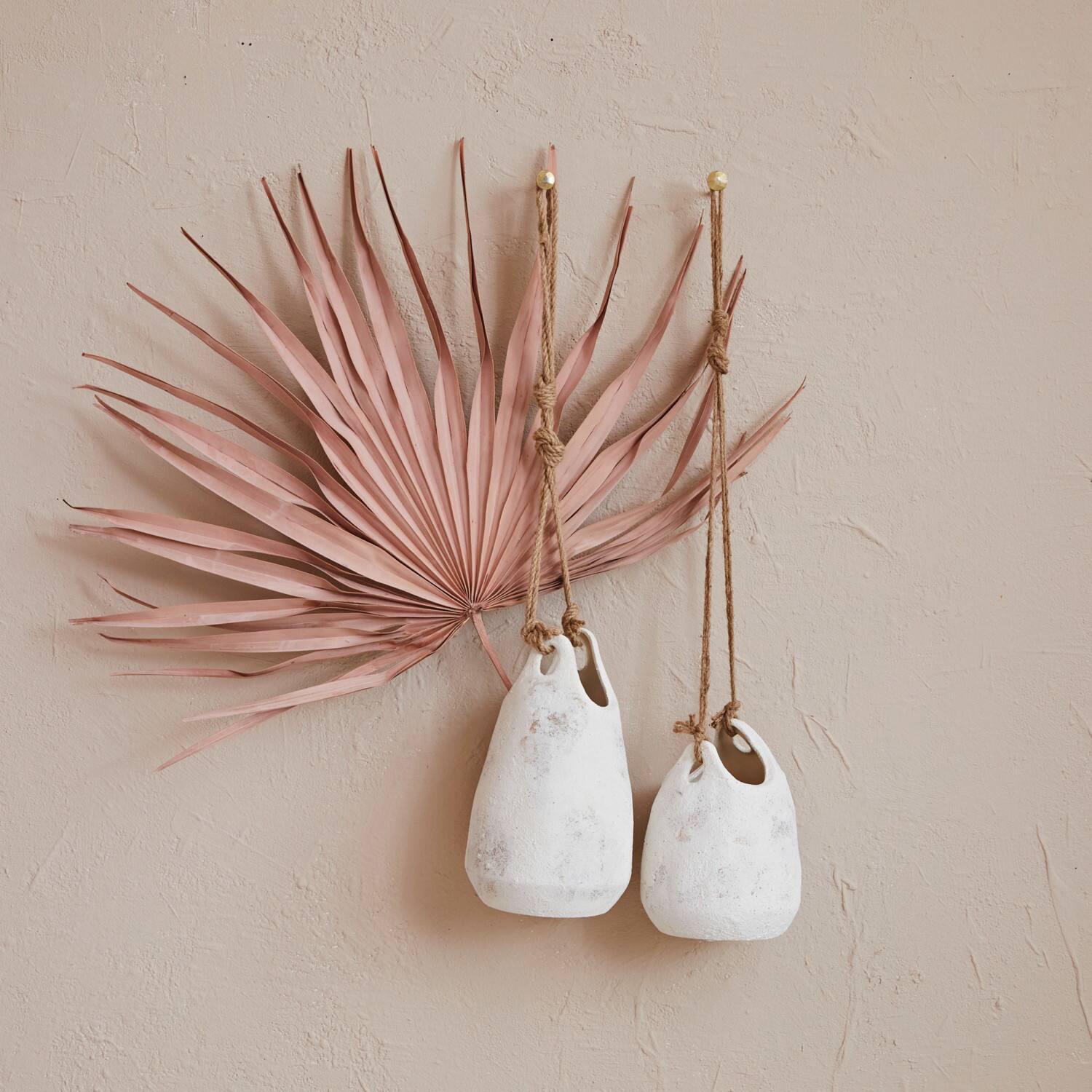 Hello Honey® 12.25" White Distressed Volcano Finish Stoneware Hanging Planter with Jute Rope Hanger