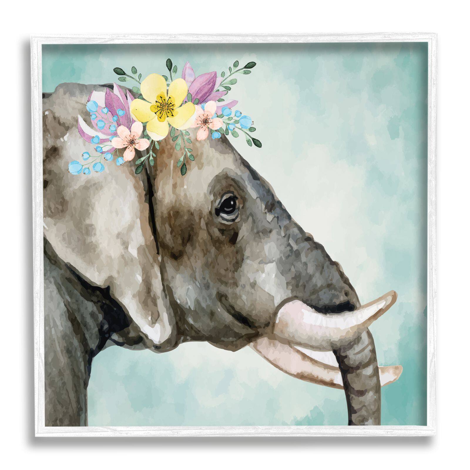 Stupell Industries Elephant Safari Animal Purple Yellow Boho Floral Crown Framed Wall Art