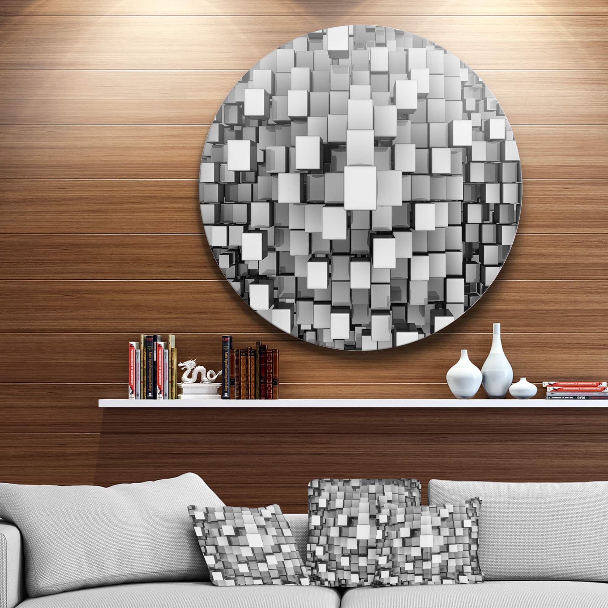 Designart - Black and Grey Cubes' Disc Contemporary Circle Metal Wall Art