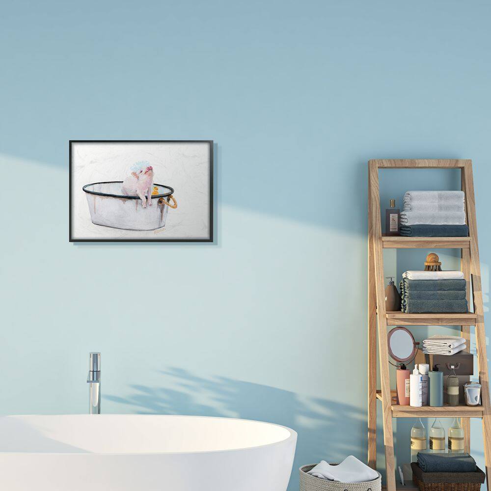 Stupell Industries Piggy Bath with Rubber Ducky Adorable Farm Animal in Black Frame Wall Art