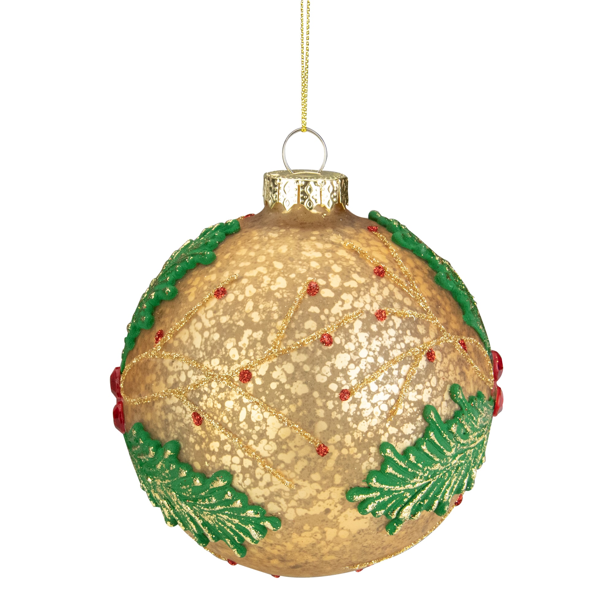 4" Gold Holly Berry Mercury Glass Ball Christmas Ornament