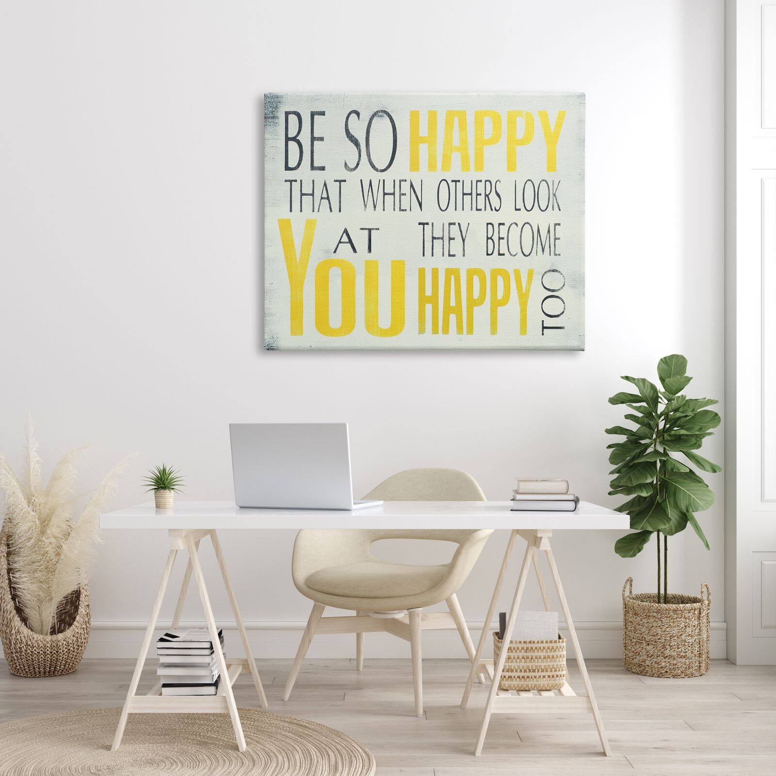 Stupell Industries Be So Happy Typography Framed Giclee Texturized Art Canvas Wall Art