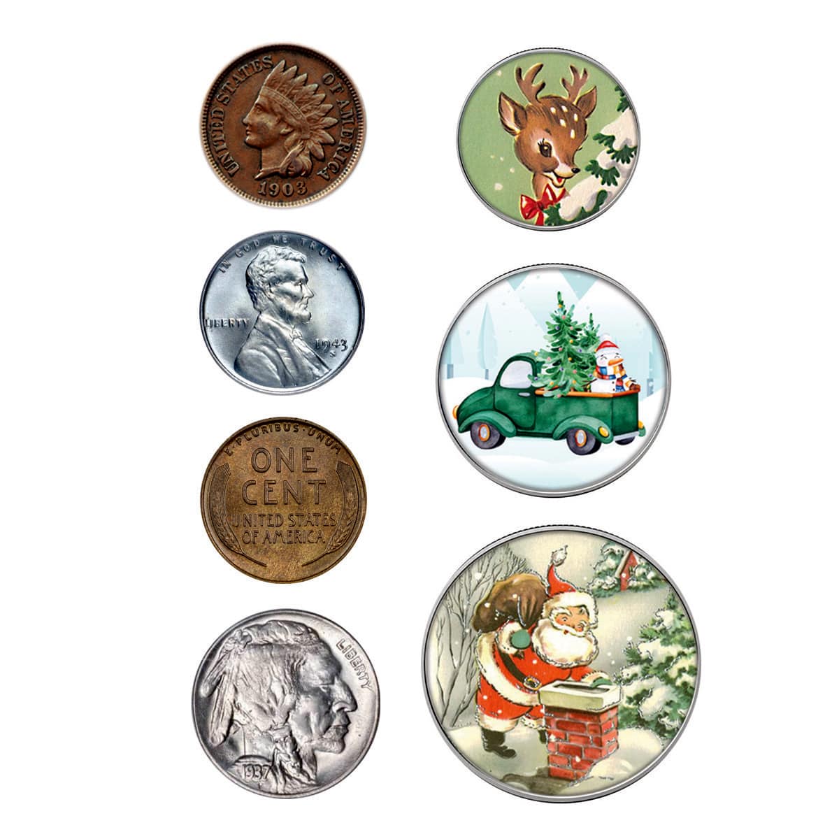 Rare Coins and Colorized Vintage Christmas Coin Collection in Santa Canvas Bag