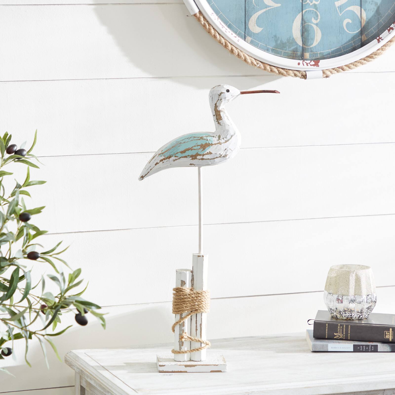 Coastal White Wood and Jute Seabird Sculpture, 21" x 12" x 3"