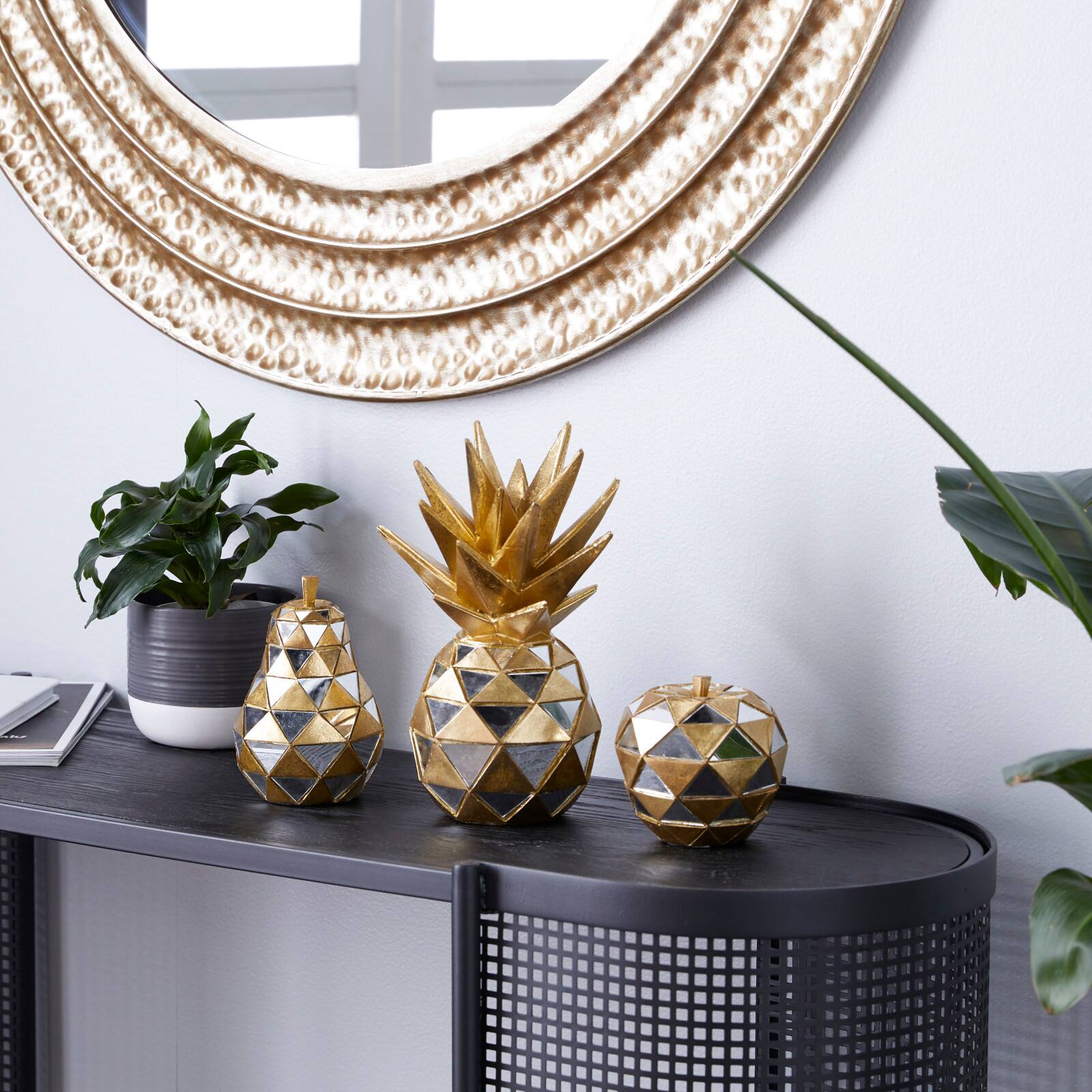 Set of 3 Gold Polystone Glam Fruit Sculpture, 4.5", 6.25", 10.5"