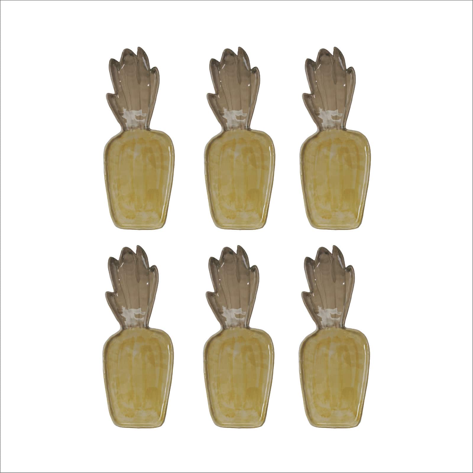 Hello Honey Hand-Painted Stoneware Pineapple Shaped Platter with Reactive Glaze, Brown and Green, Set of 6