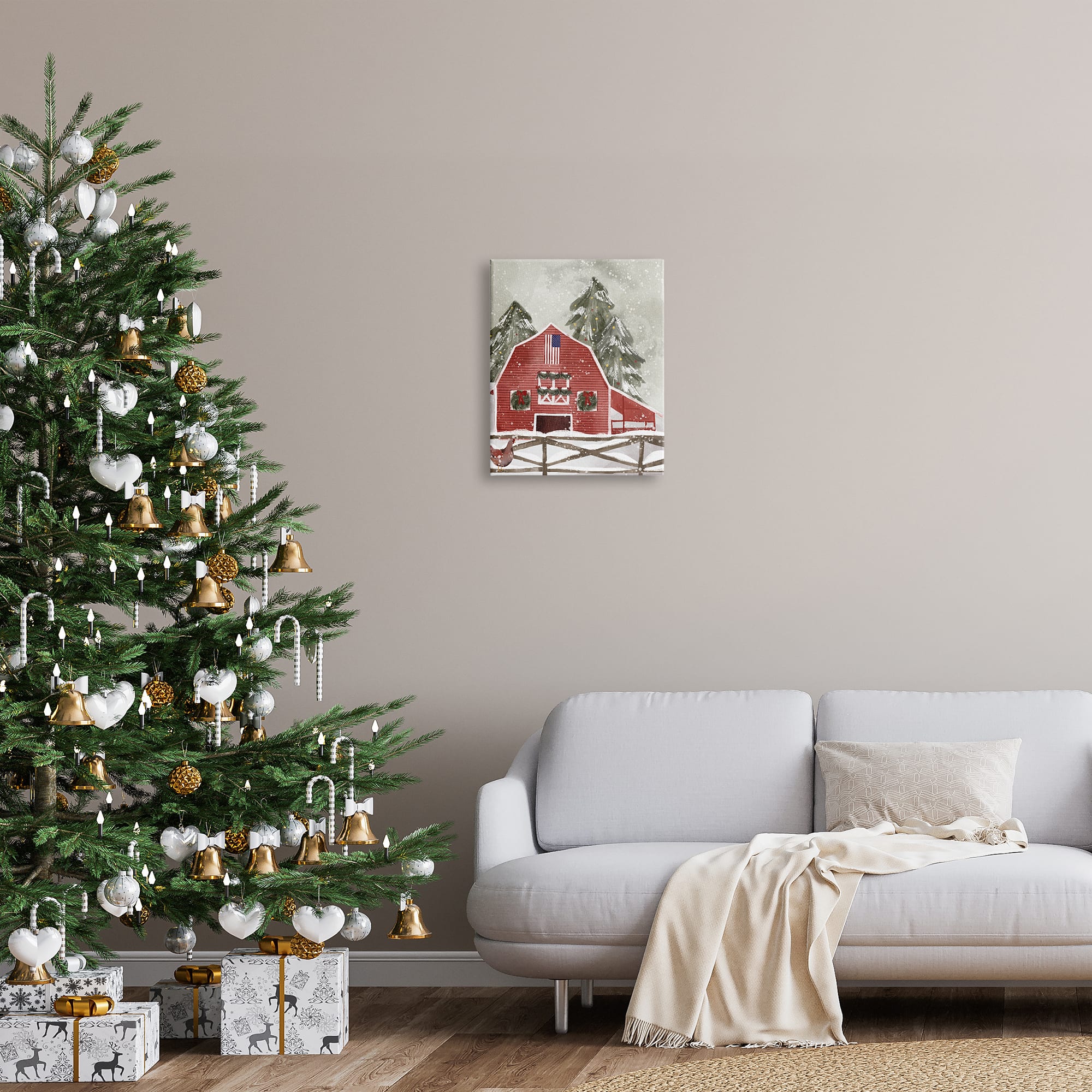 Stupell Industries Americana Barn Holiday Snow Scene Canvas Wall Art