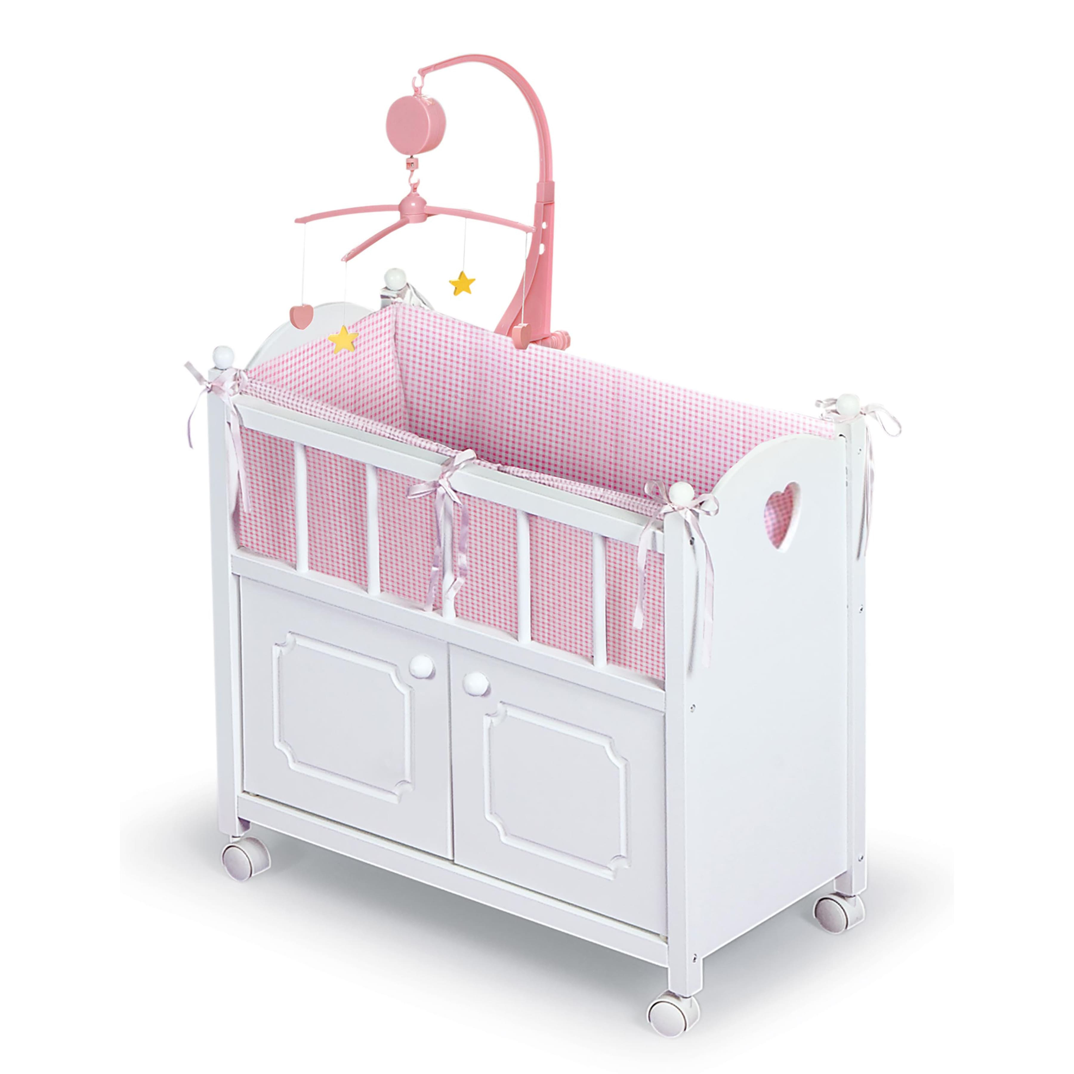 Badger Basket White & Pink Cabinet Doll Crib with Gingham Bedding