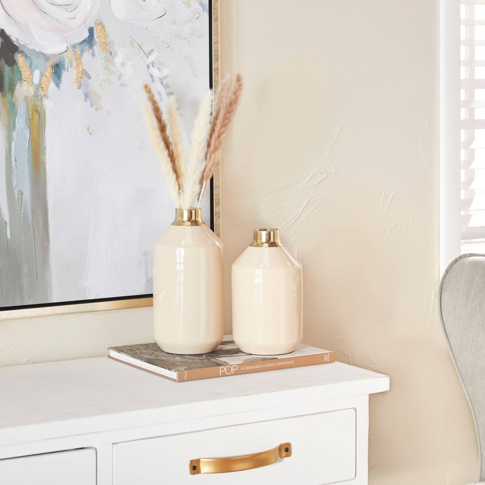 Set of 2" Cream Metal Modern Vase, 10" x 5" x 5"