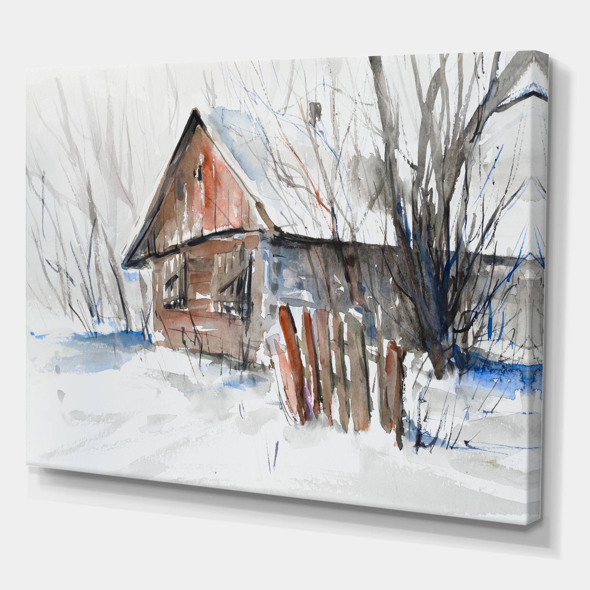 Designart - Old Abandoned Wooden House In Winter Picture - Traditional Canvas Wall Art Print
