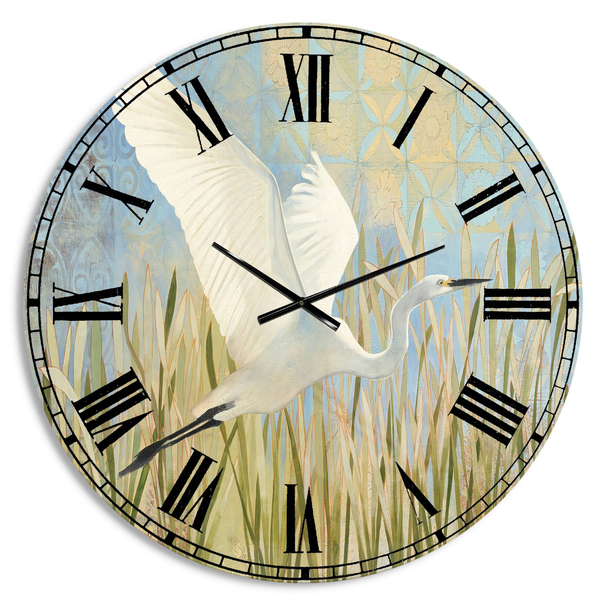 Designart 'Snowy Egret In Flight Vii Farmhouse Wall Clock