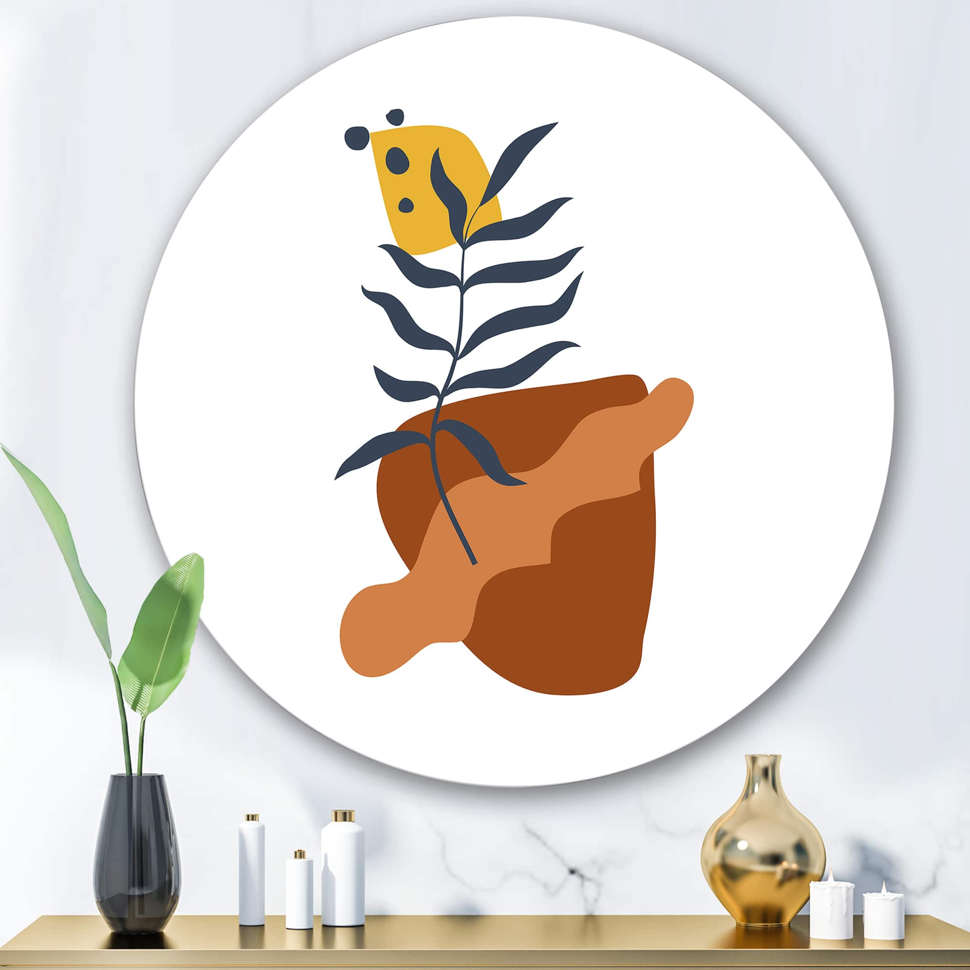 Designart - Elementary Shapes With Abstract Flowers Plants VI - Modern Metal Circle Wall Art