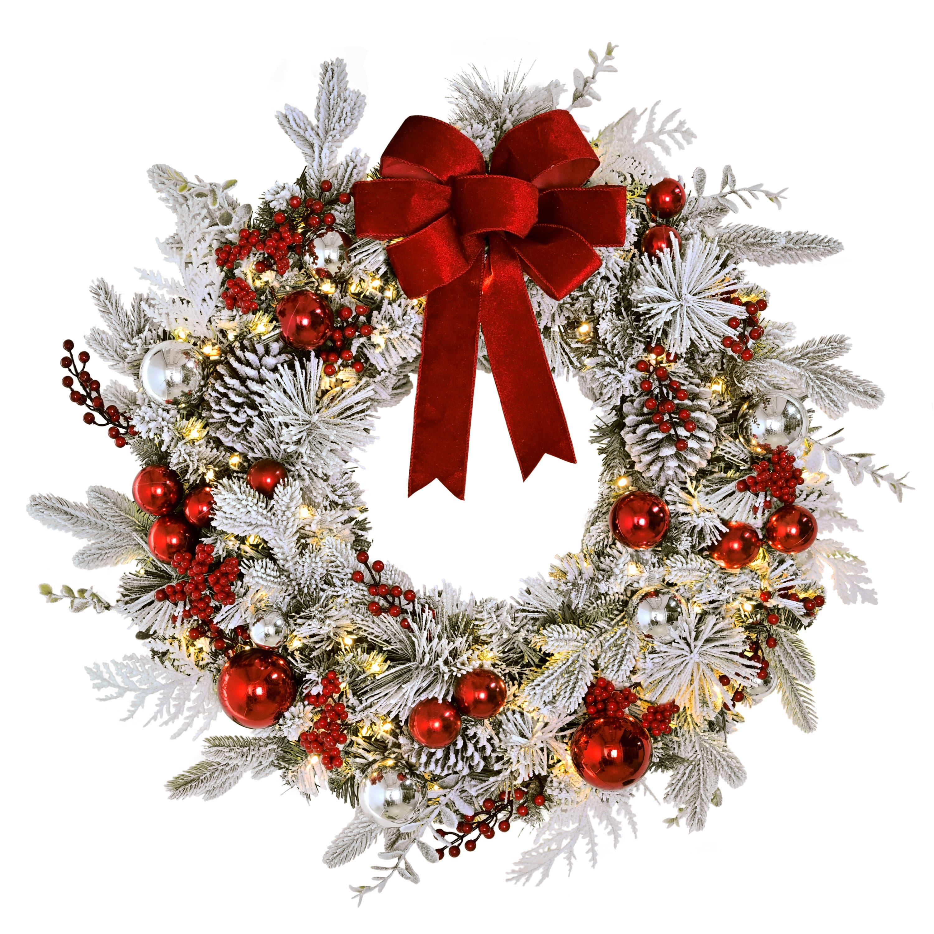 Puleo International 32" Pre-Lit Red Ornaments & Pinecones Flocked Artificial Christmas Wreath