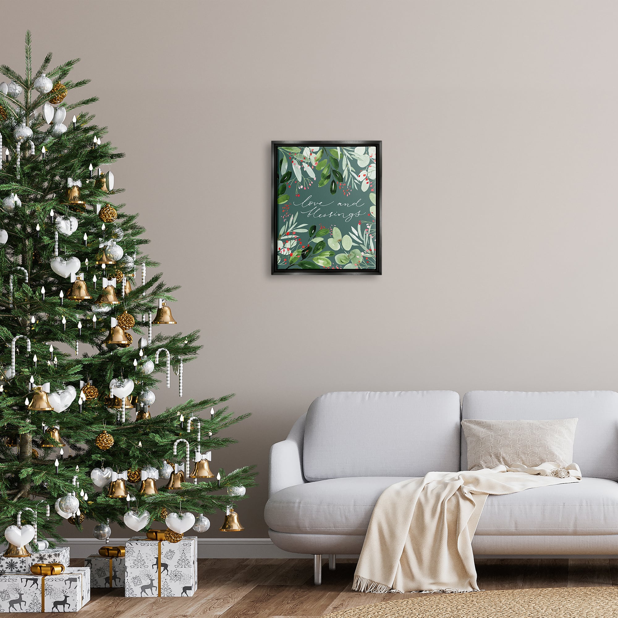 Stupell Industries Love & Blessings Green Floral Leaves Framed Floater Canvas Wall Art