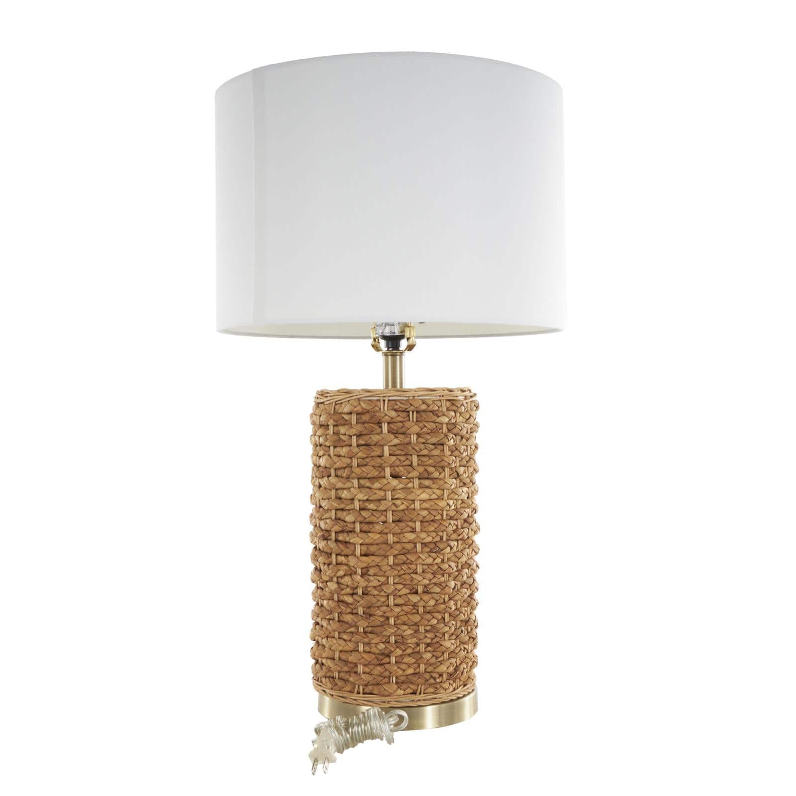 28" Bohemian Handmade Brown Rattan Textured Table Lamp with White Shade & Gold Base