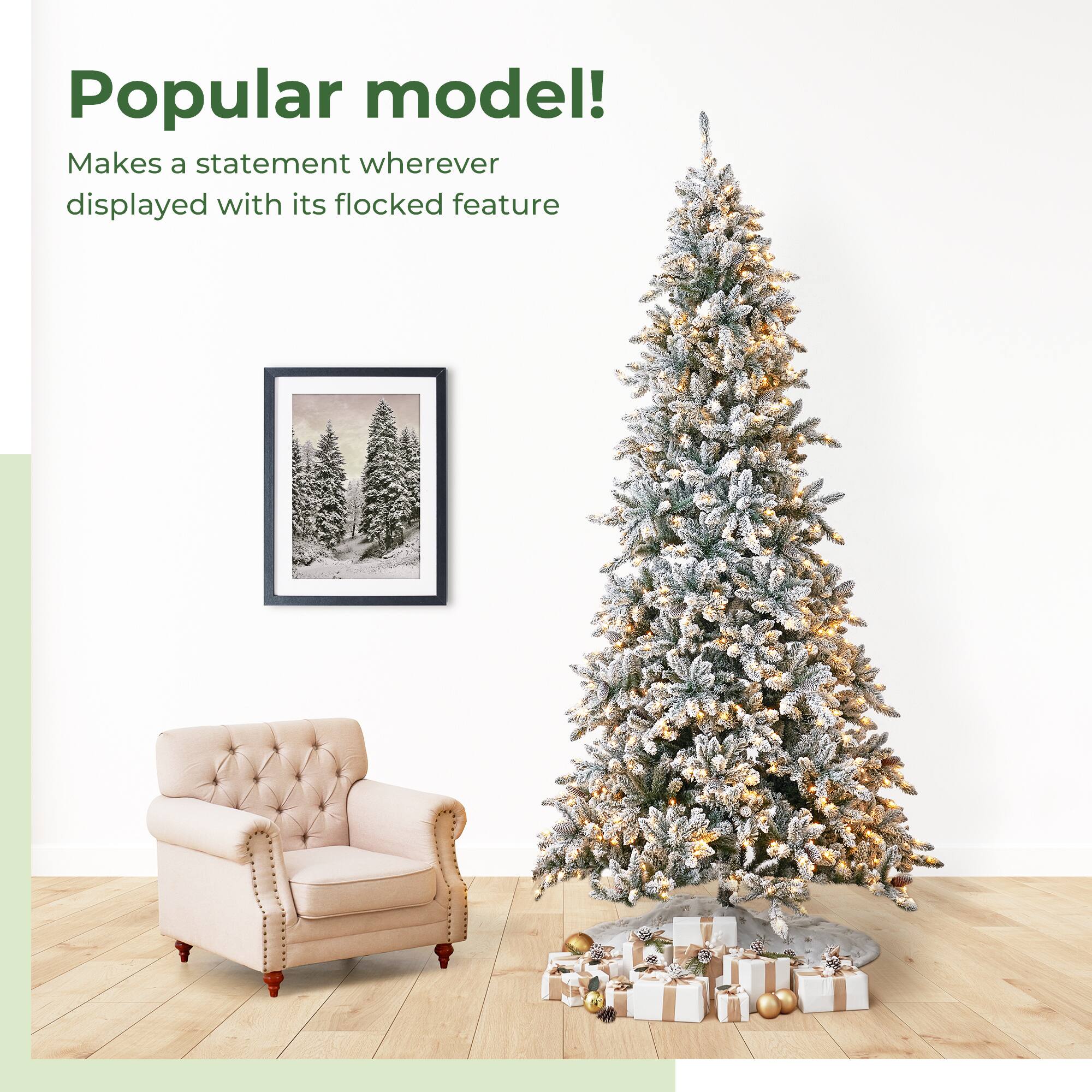 11ft. Pre-Lit Flocked Livingston Fir Artificial Christmas Tree with Pine Cones, Clear LED Lights