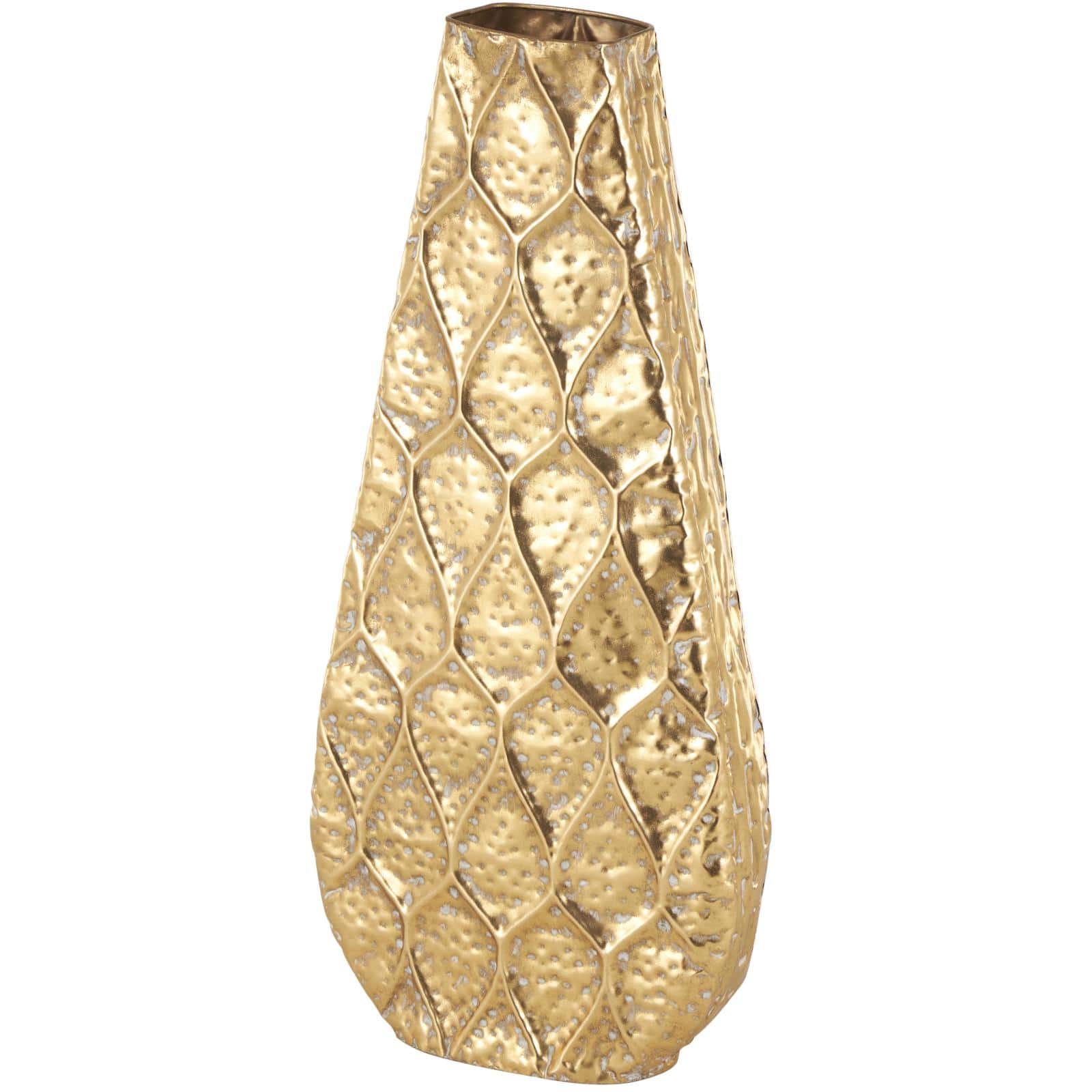 28" Gold Metal Vase with Peacock Inspired Design