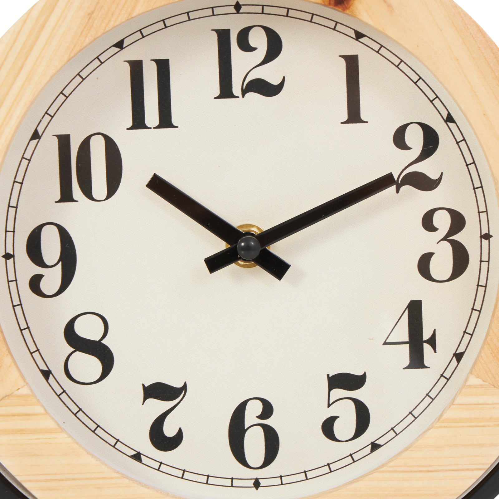 10" Light Brown Wood Clock with Curved Black Metal Stand & Ball Details