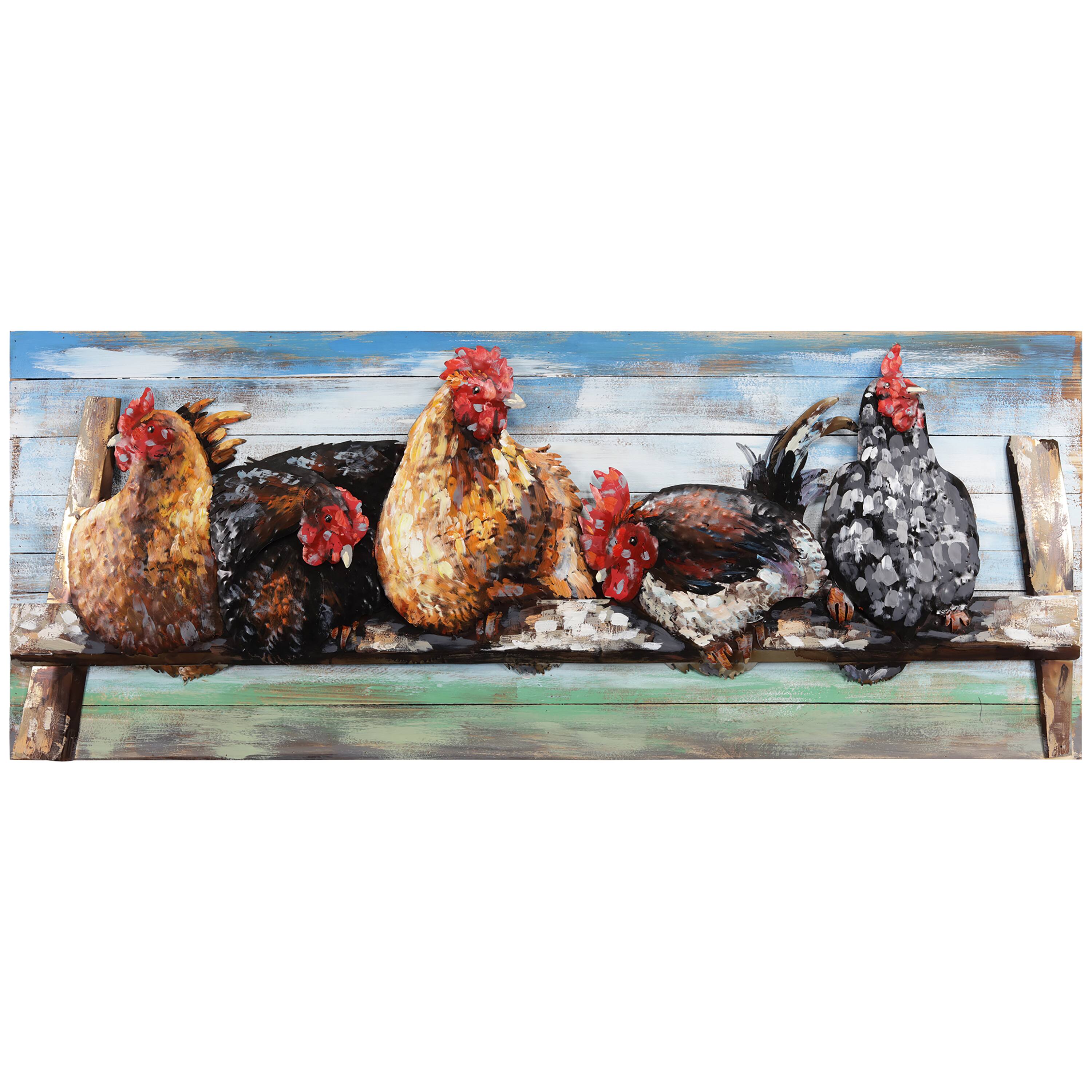 Empire Art Direct 24" x 60" Chickens Hand-painted Iron Wall Sculpture with Solid Wood Frame