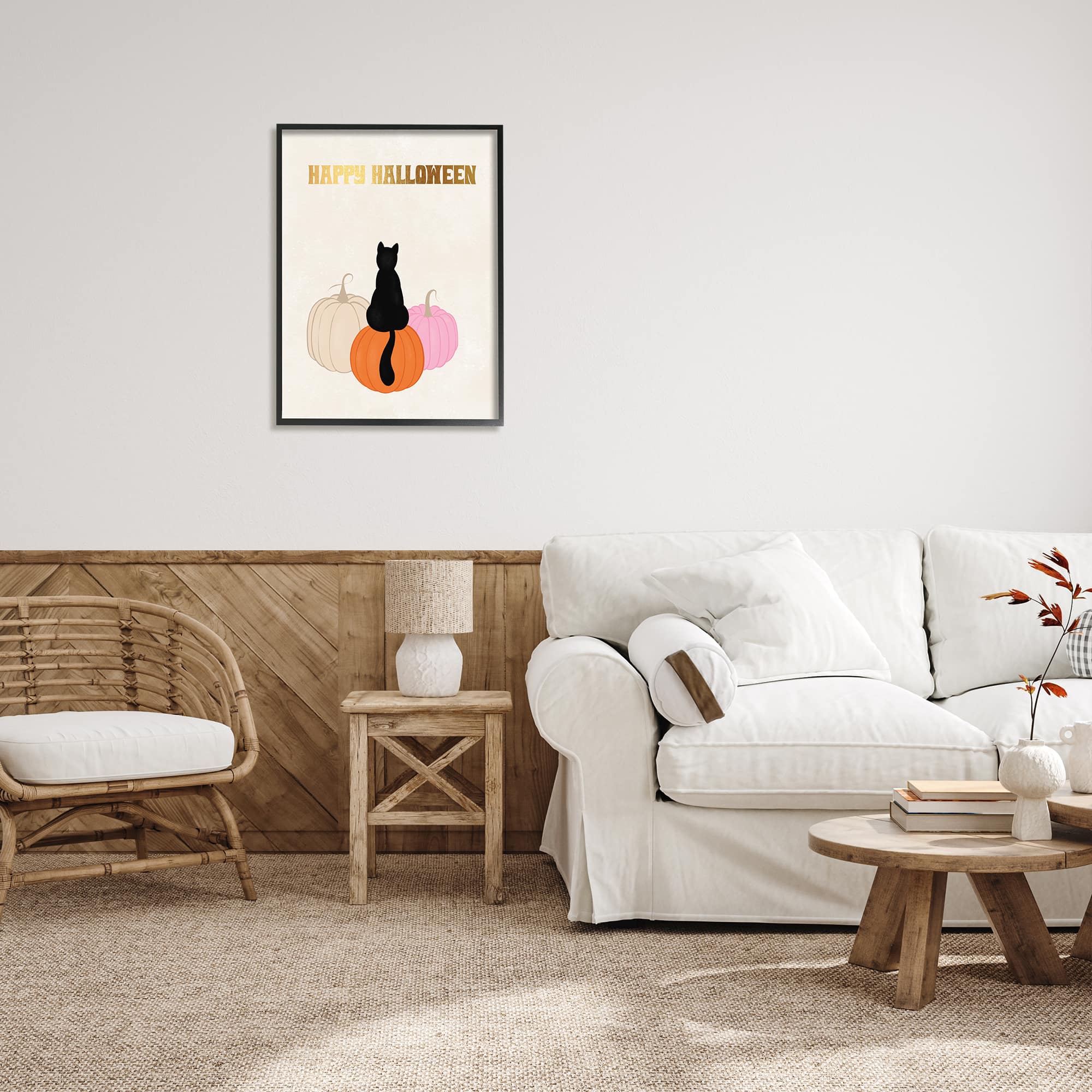 Stupell Industries Happy Halloween Black Cat Pumpkins Framed Giclee Art