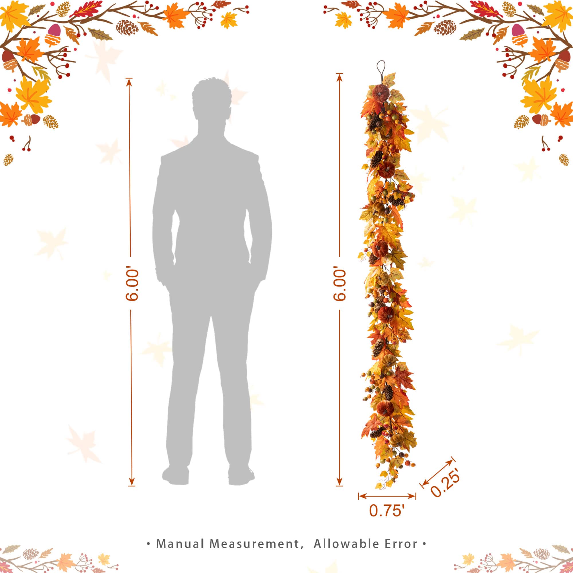 Glitzhome® 6ft Fall Velvet Pumpkin, Pinecone & Berry Garland