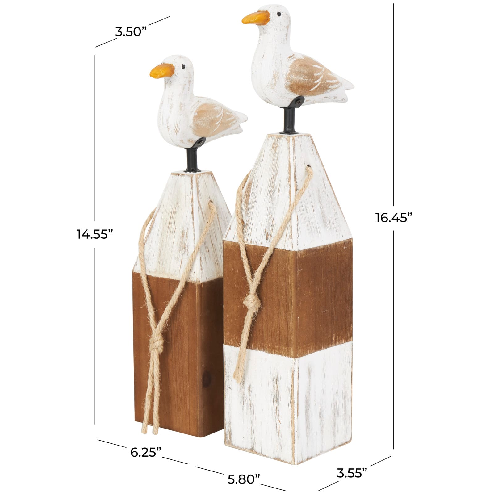 Brown Bird Sculpture with White Distressed Buoy Posts Set