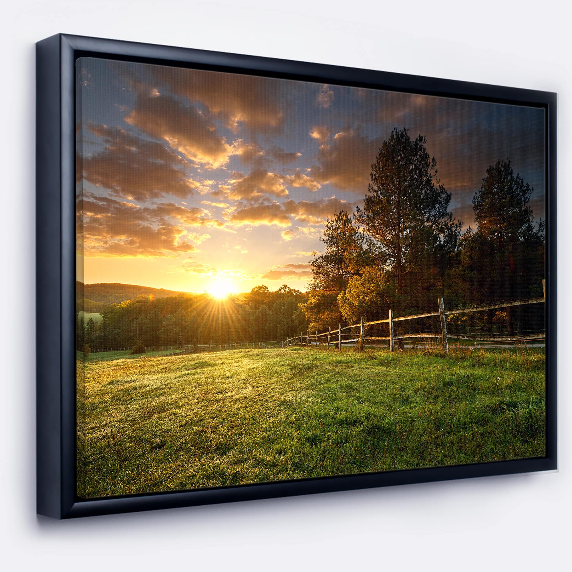 Designart - Fenced Ranch at Sunrise - Landscape Framed Canvas Art Print