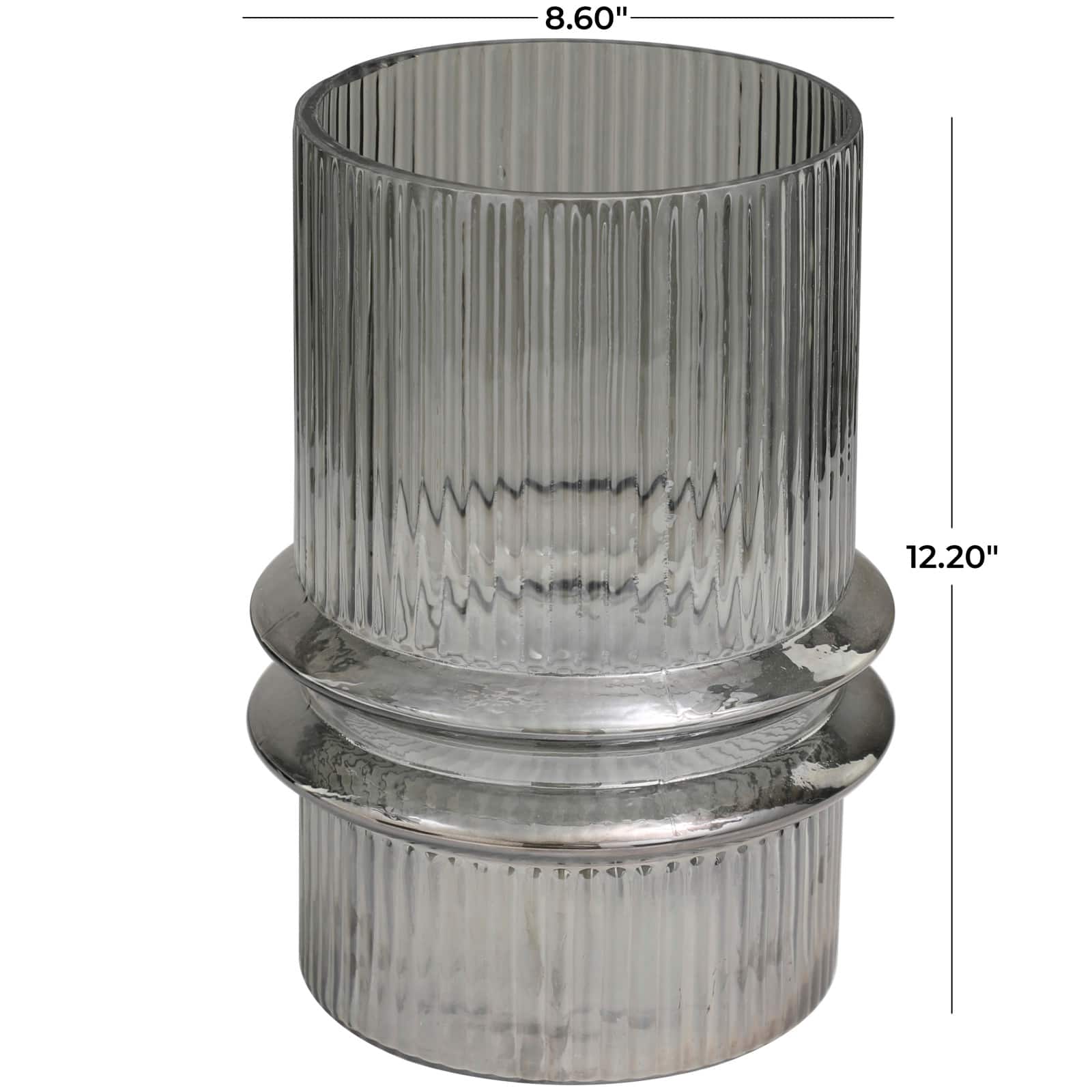 12" Gray Glass Wide Ribbed Vase with Fluted Center