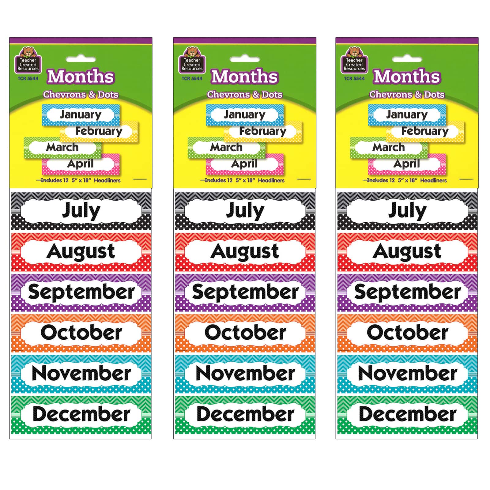 Teacher Created Resources® Chevrons and Dots Monthly Headliners, 12 Pieces Per Pack, 3 Packs of 36