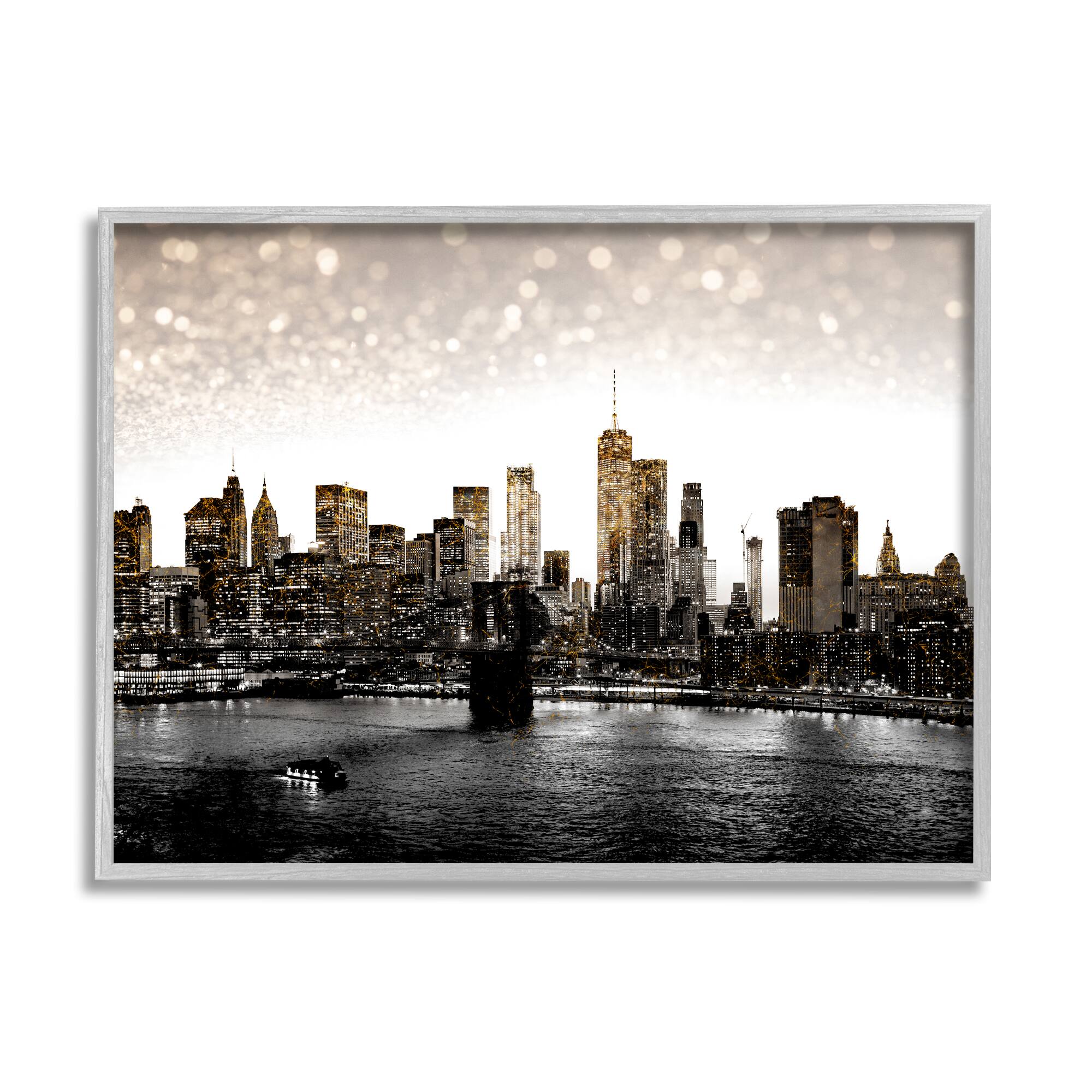 Stupell Industries New York Evening City Skyline Brooklyn Bridge Manhattan Framed Wall Art
