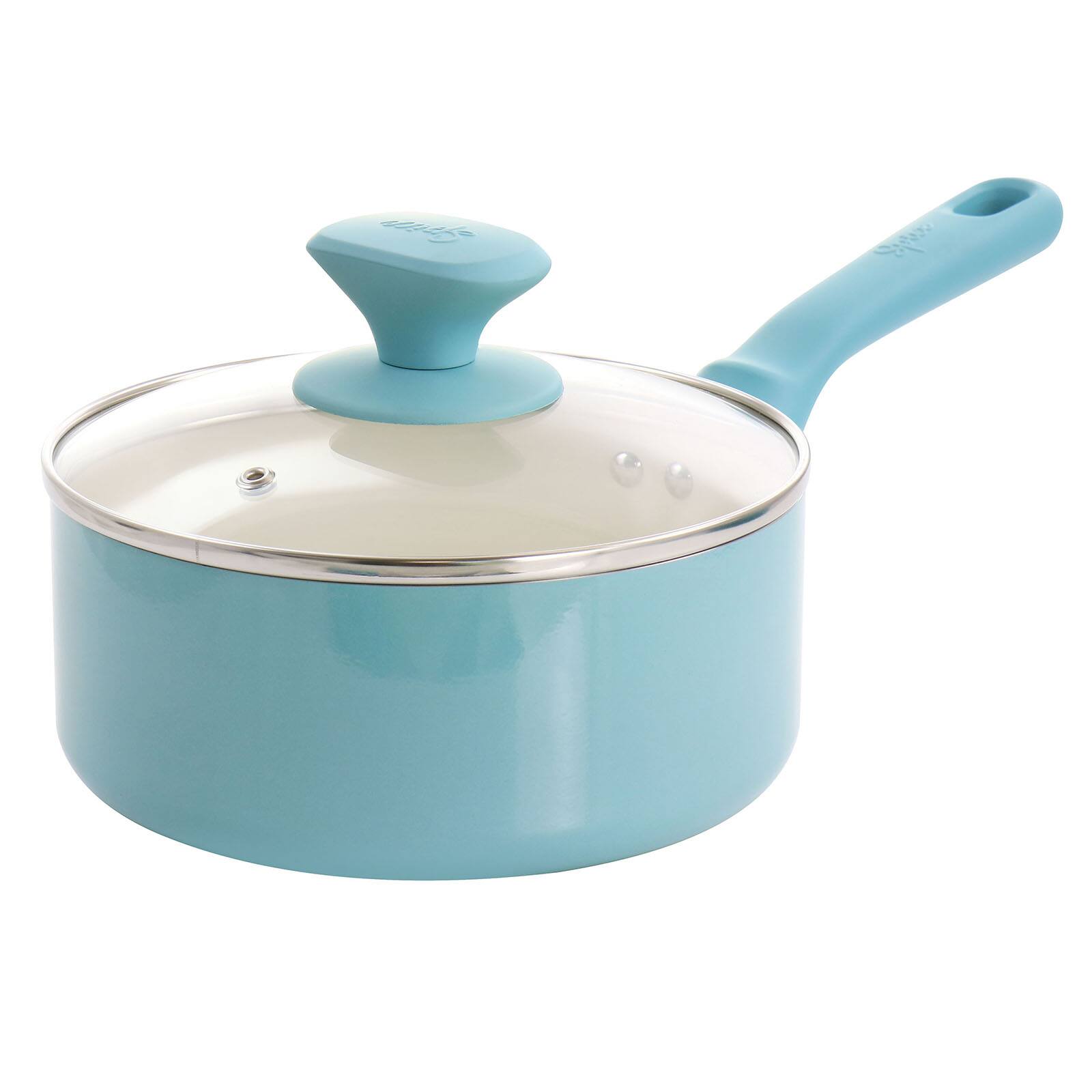 Spice by Tia Mowry Savory Saffron Light Blue 7 Piece Ceramic Nonstick Aluminum Cookware Set with Nylon Utensils
