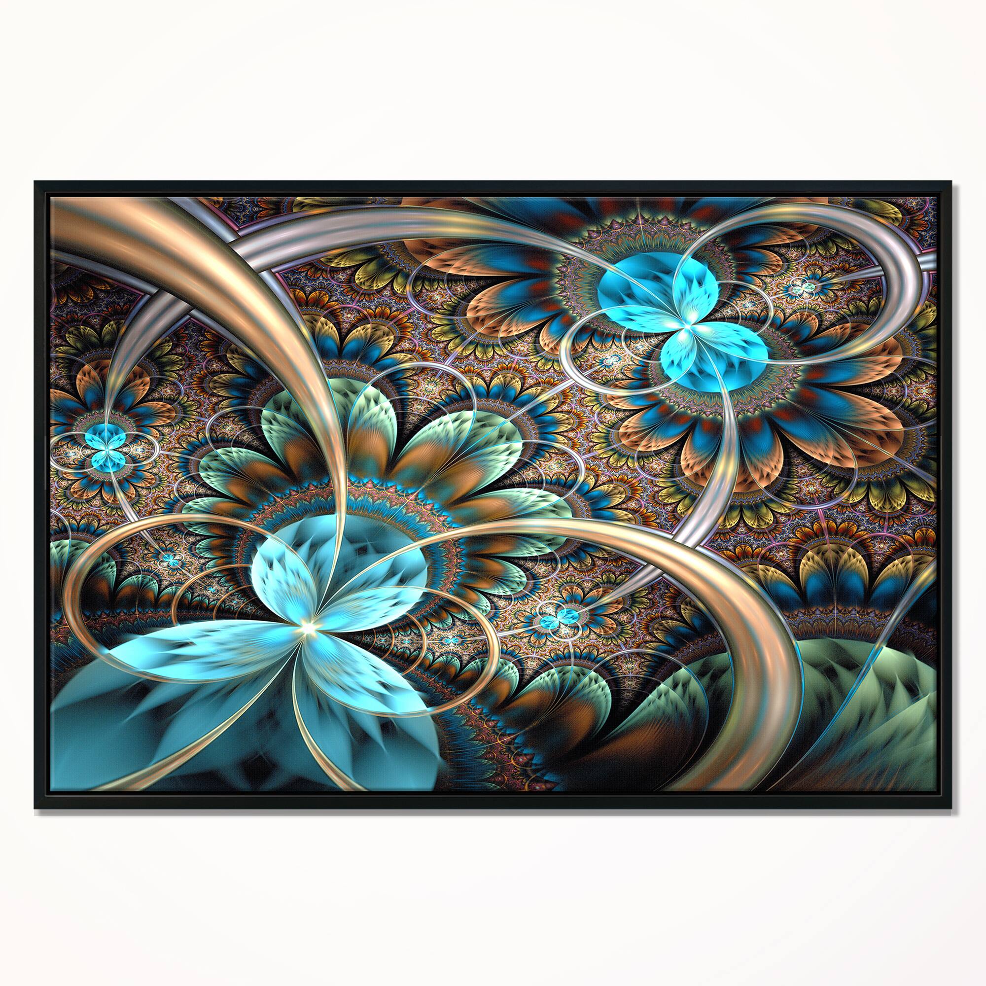 Designart - Light Blue Fractal Flower - Floral Art Framed Canvas Print