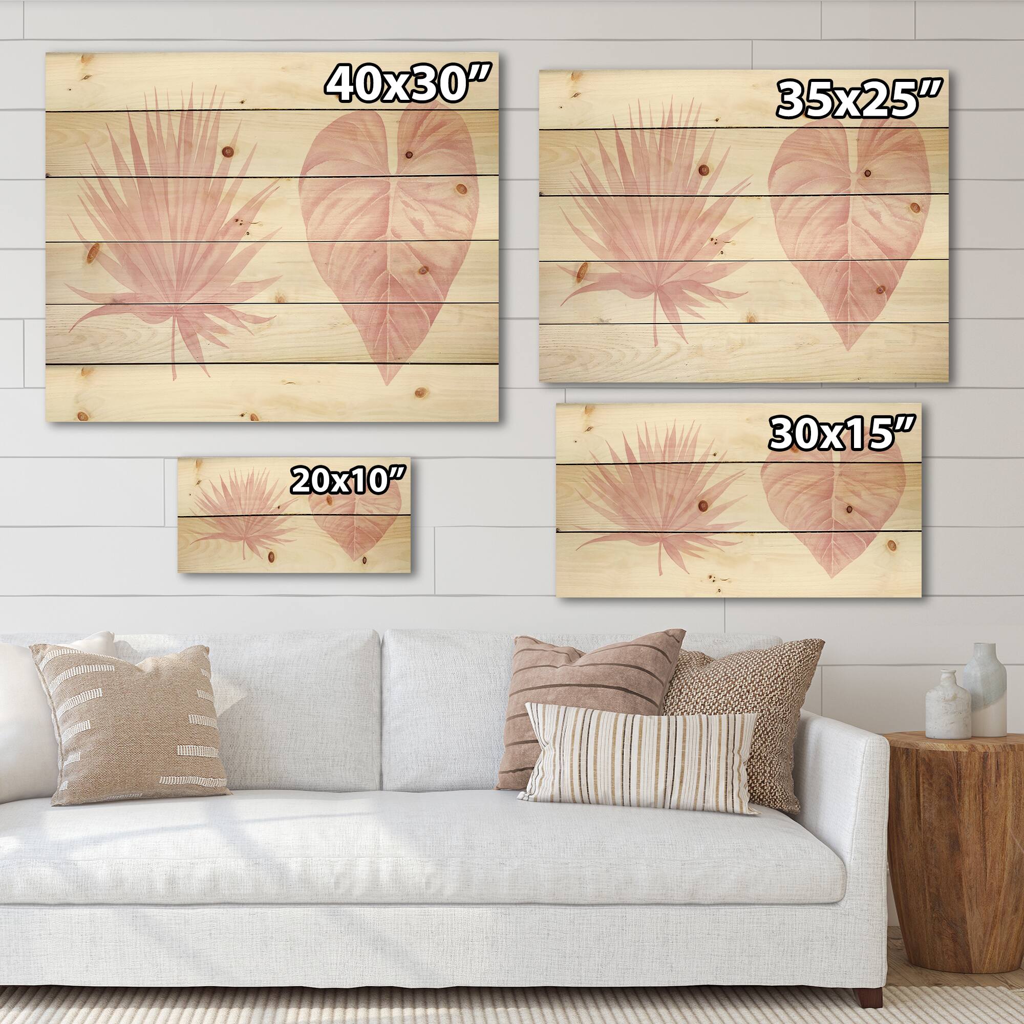 Designart - Tropical Pink Watercolour Leaves II - Shabby Chic Print on Natural Pine Wood