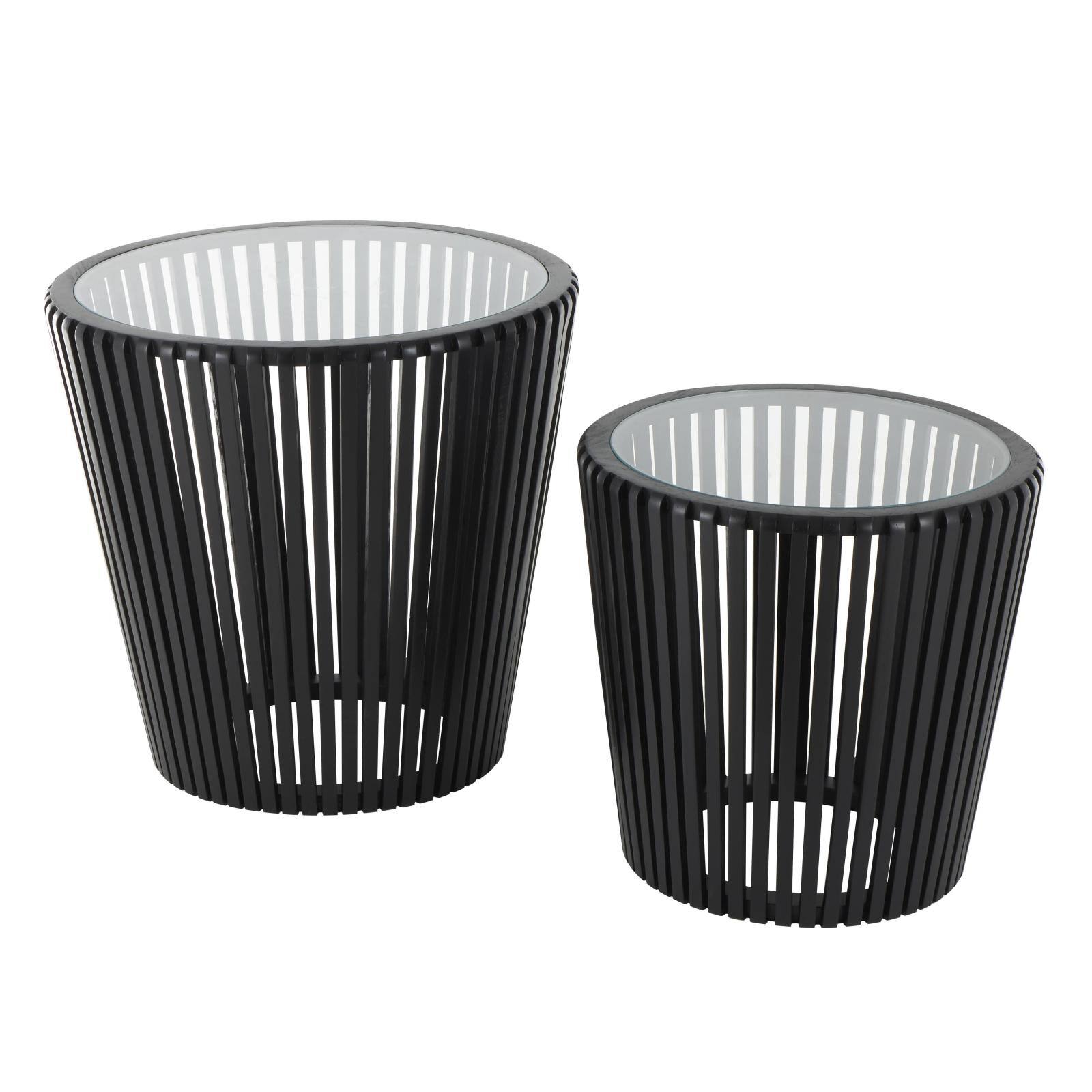 Black Wood Cage Inspired Accent Table with Clear Glass Tabletop Set