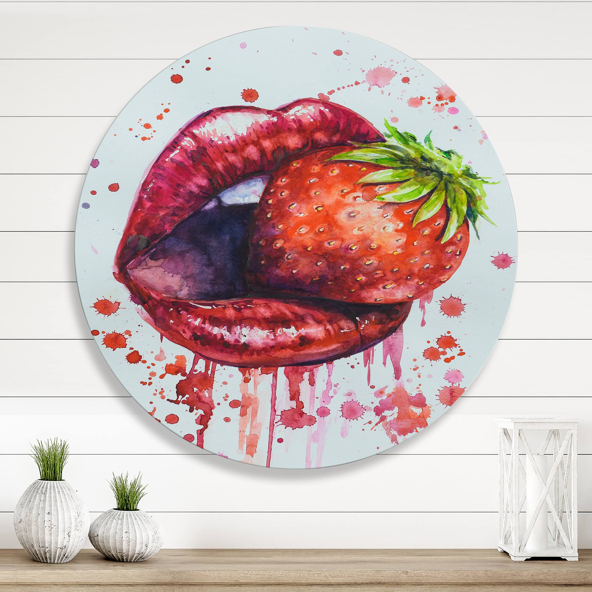 Designart - Red Woman Lips Eating A Strawberry