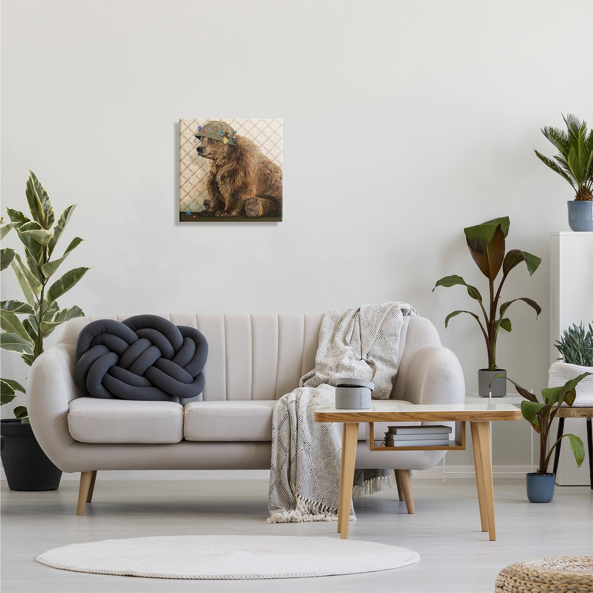 Stupell Industries Rustic Brown Bear Wearing Fisherman's Hat Geometric Pattern Canvas Wall Art