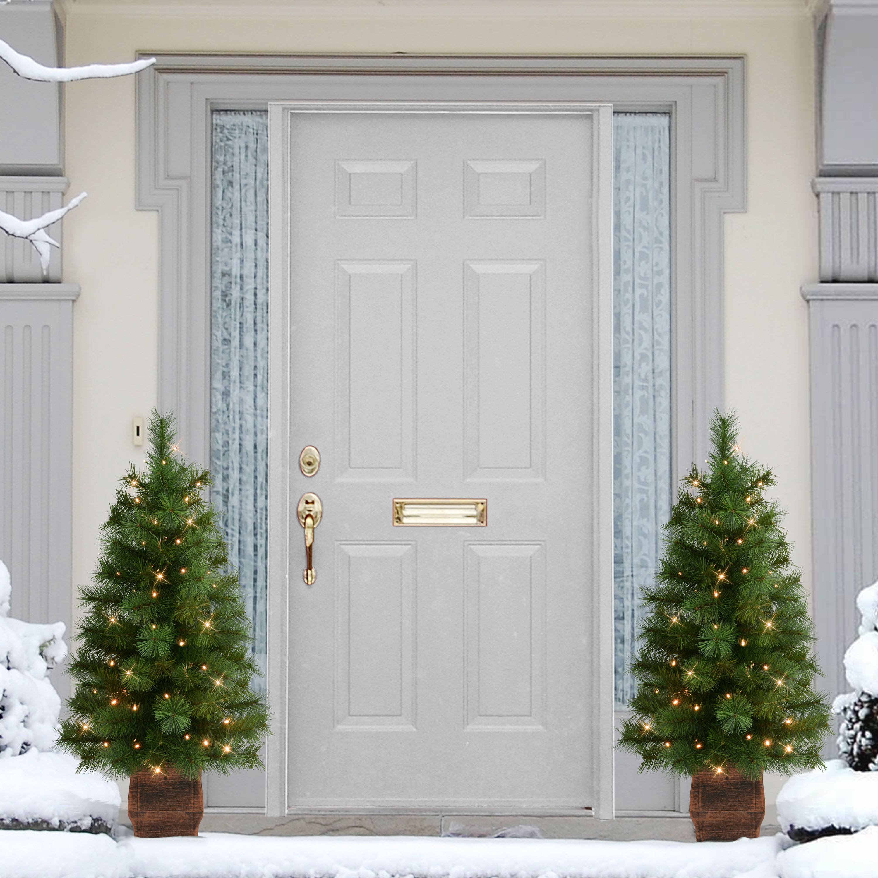 3.5ft. Pre-Lit Battery-Operated Potted Wyoming Pine Artificial Christmas Trees, Warm White LED Lights, 2ct.