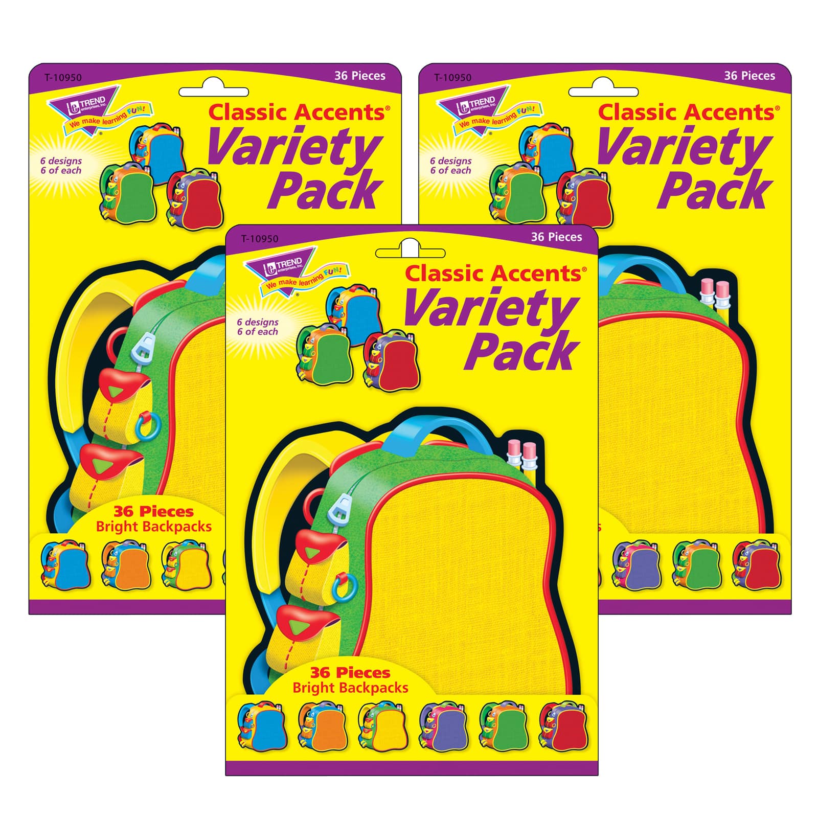 Trend; Trend Classic Accents® Bright Backpacks Variety Pack, 3 Packs of 36; Category:Bulletin Board Accents; Image:2