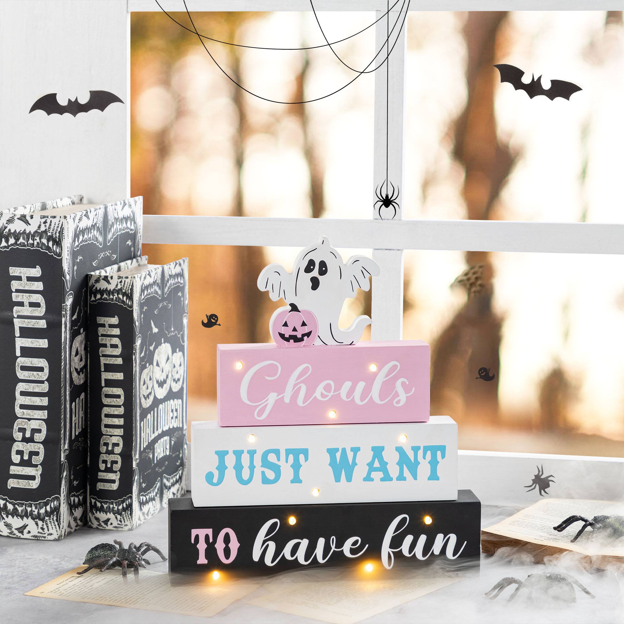 Glitzhome® 11.75"H Halloween Lighted Pink Wooden Ghost Block Word Sign