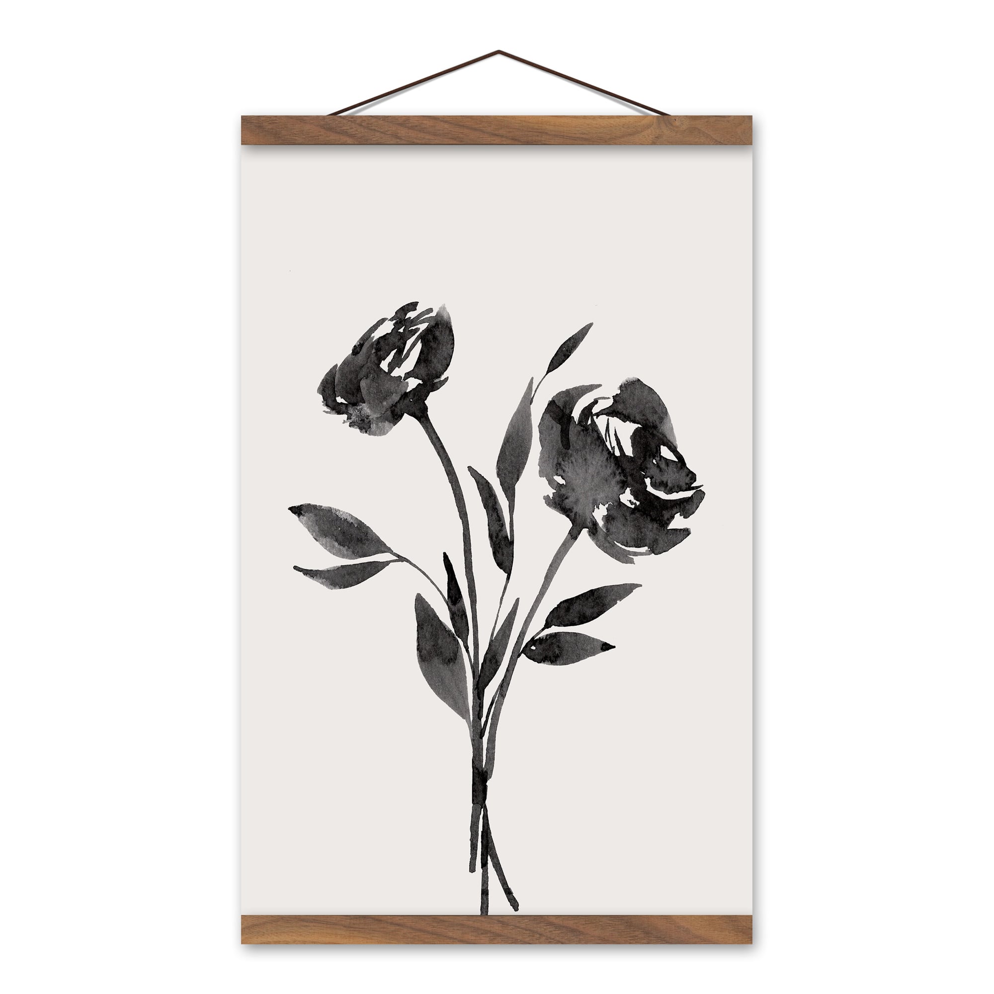 Inky Budded Roses 12" x 18" Teak Hanging Canvas - Set of 2