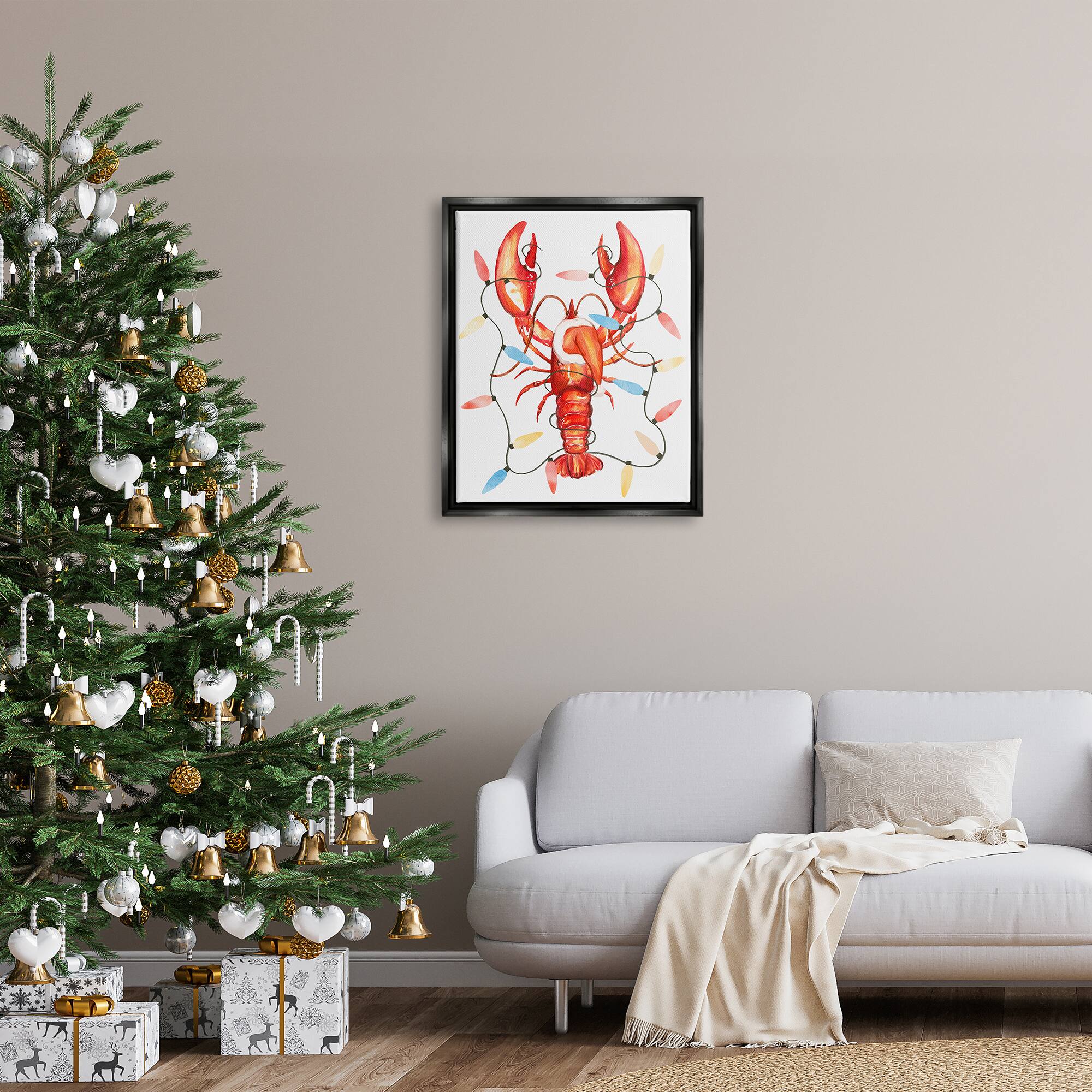 Stupell Industries Nautical Lobster Christmas Lights Framed Floater Canvas Wall Art