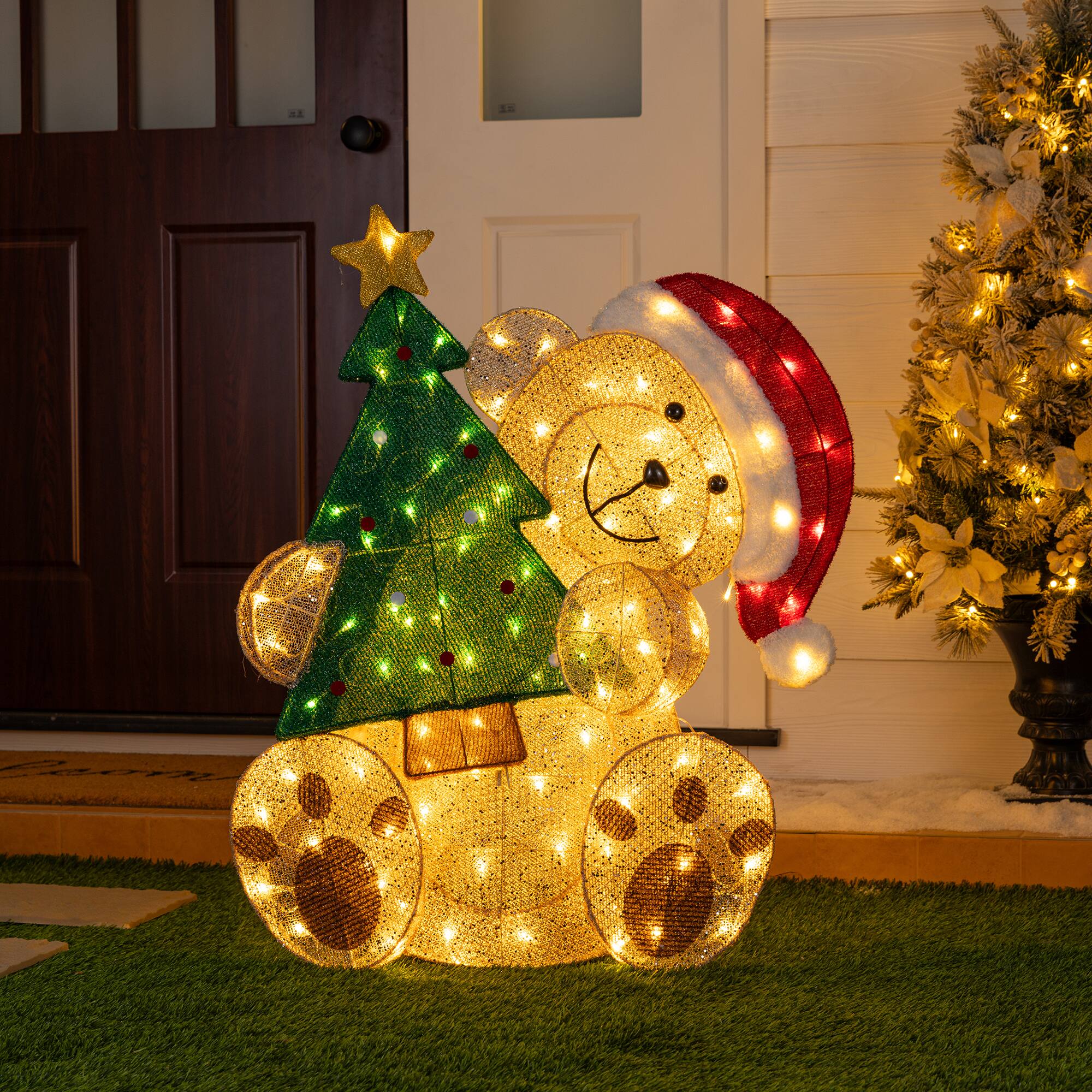 Glitzhome® 34.25" Christmas 3D Glittered Fabric Bear with Tree & 110 Warm White LED Lights