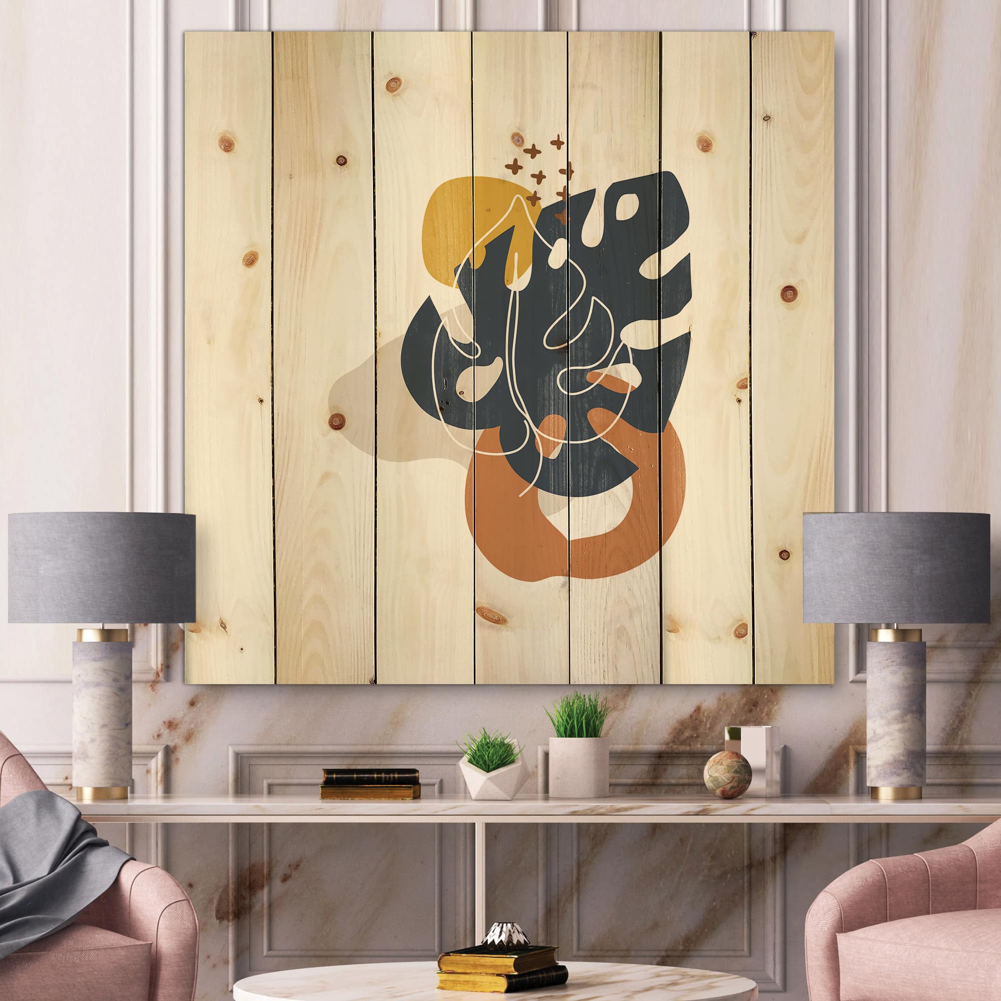 Designart - Abstract Flowers On Minimal Shapes IX - Modern Print on Natural Pine Wood