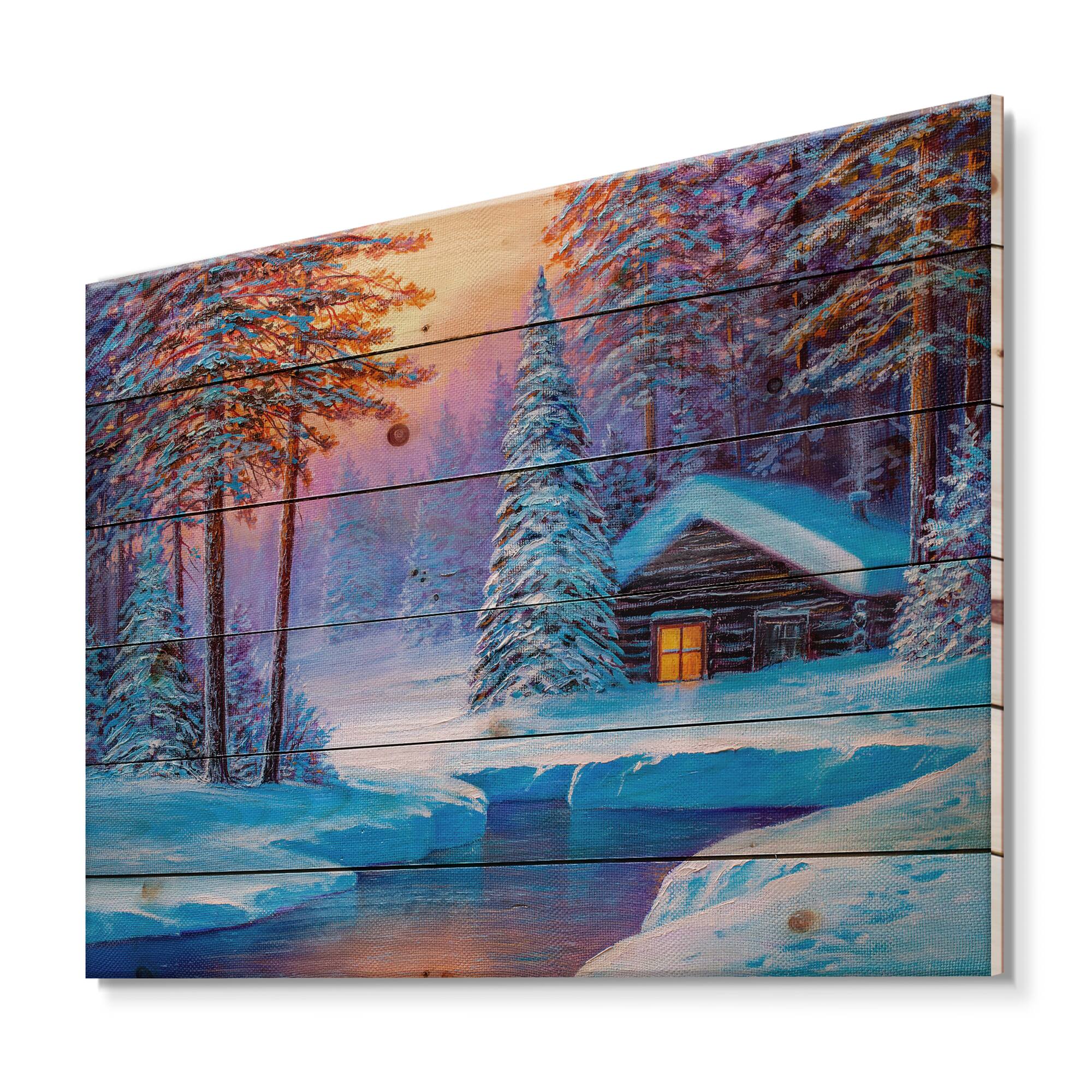 Designart - Old Cabin In Winter Forest I - Traditional Print on Natural Pine Wood