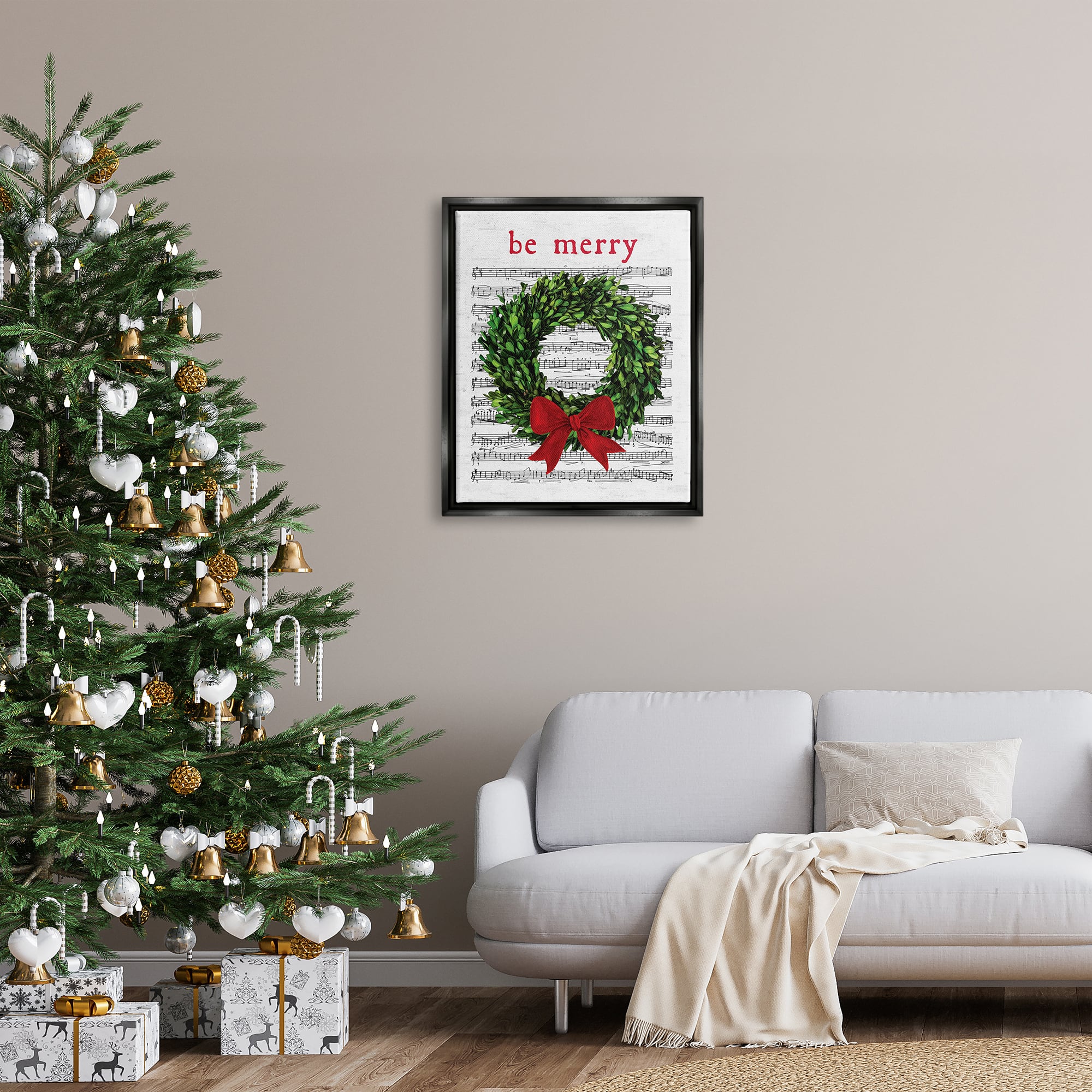 Stupell Industries Be Merry Holiday Music Wreath Framed Floater Canvas Wall Art