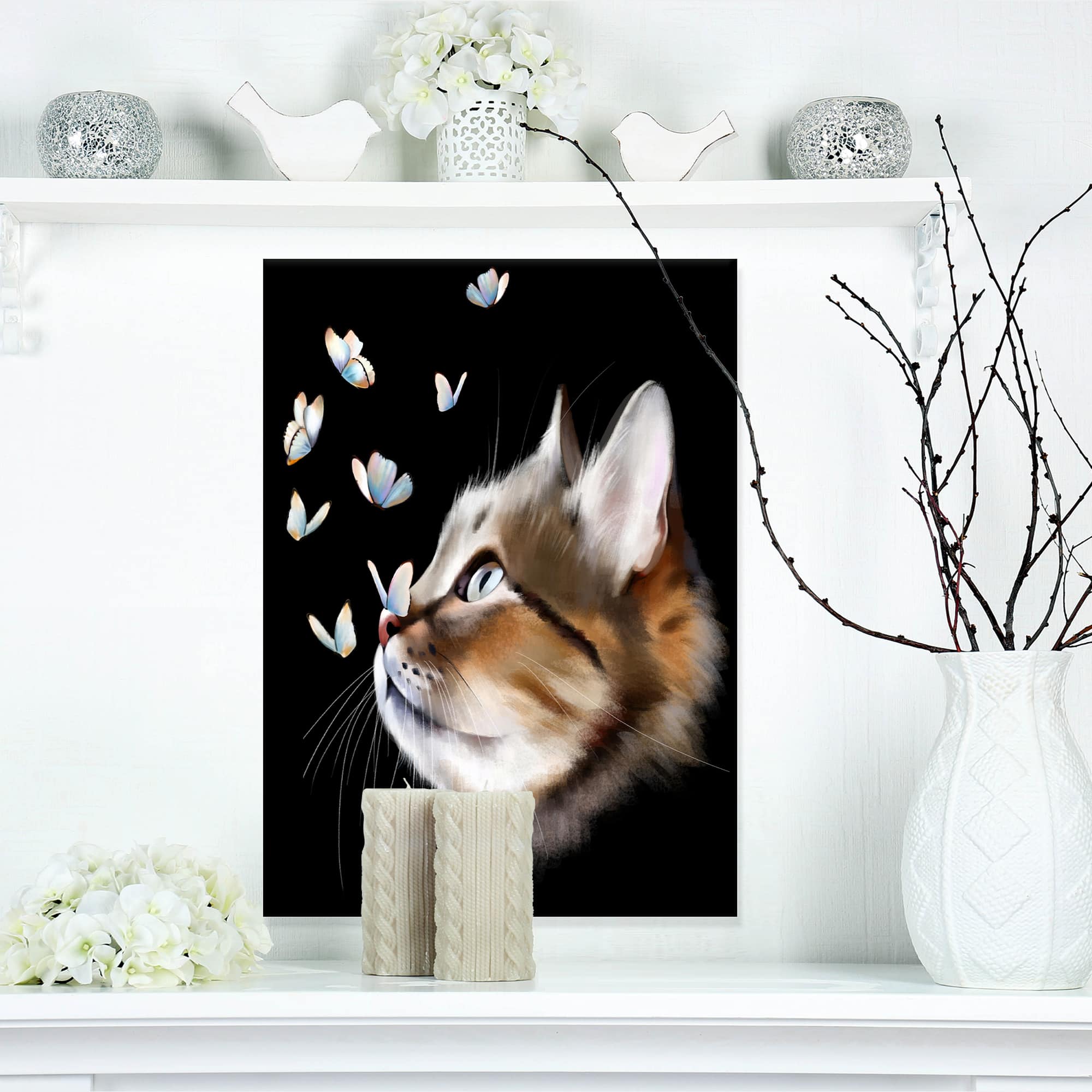 Designart - Cat with Butterflies on Black - Animal Canvas Art Print